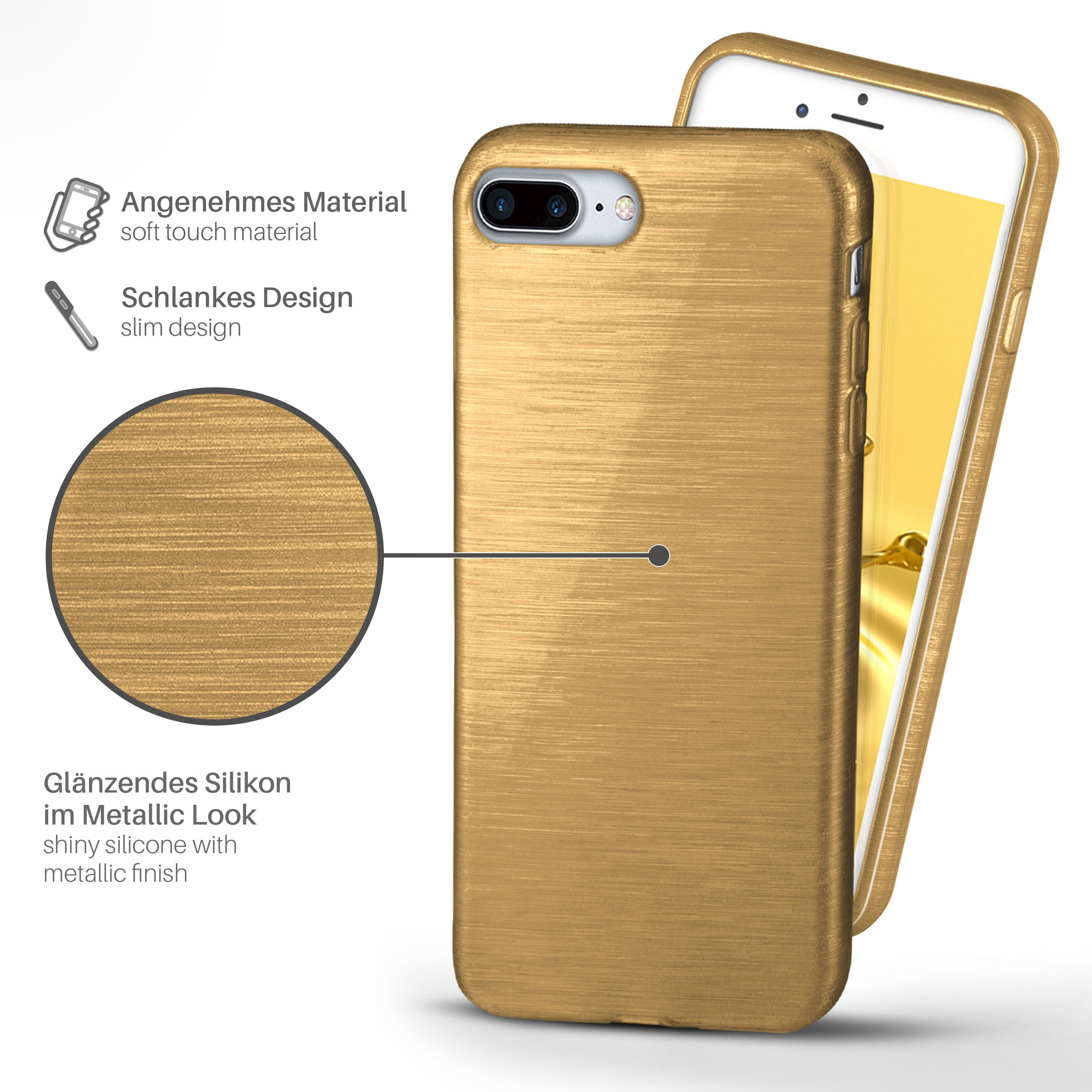 Goldene Handyhülle auf weißer Oberfläche, mit Handy. Detailansicht der Hülle gezeigt.