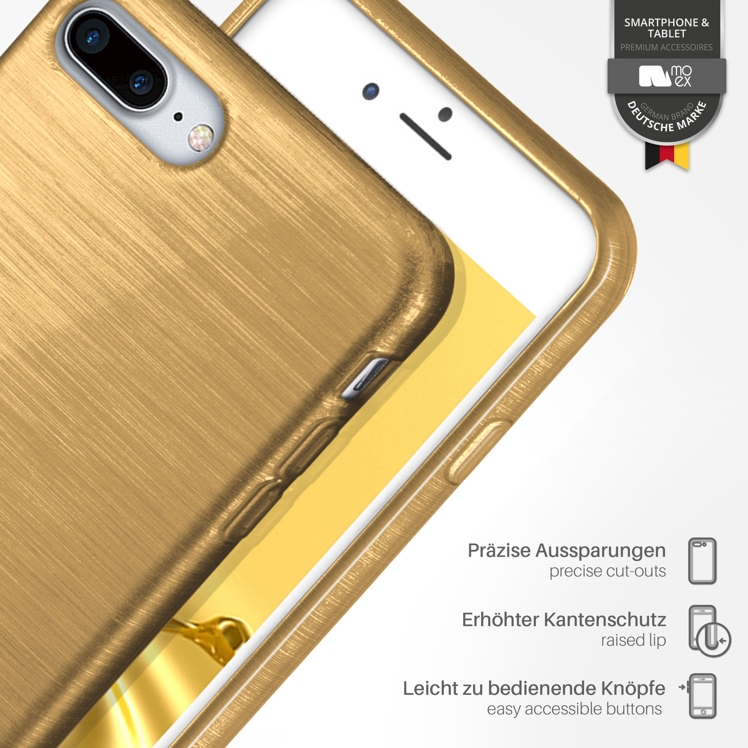 Goldene Handyhülle, Nahaufnahme. Gehäuse mit Gold-Finish, Aussparungen, erhöhte Kante, leichte Knöpfe.