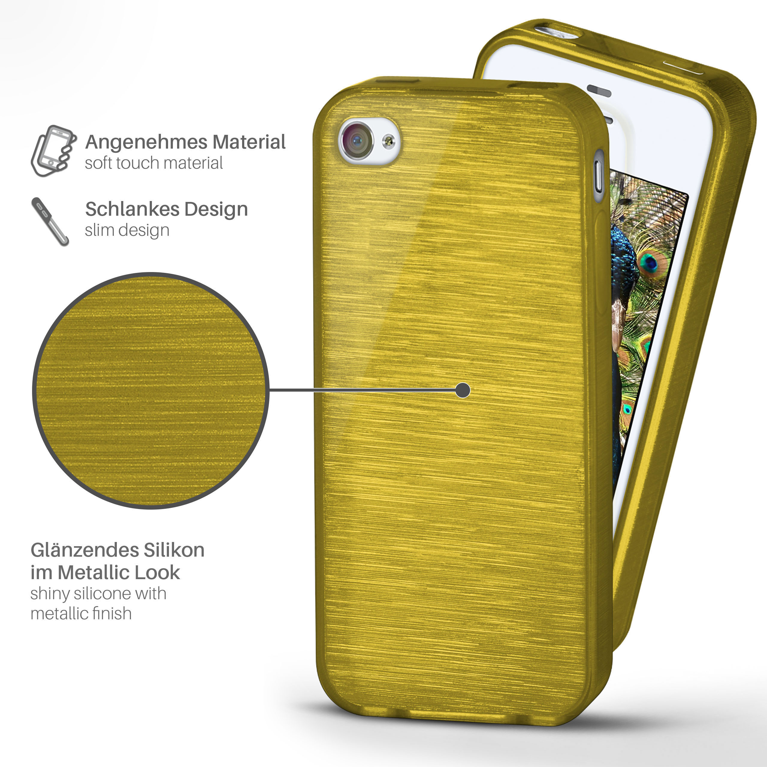 Eine goldene Handyhülle mit Metallic-Finish. Die Hülle befindet sich auf weißem Hintergrund.
