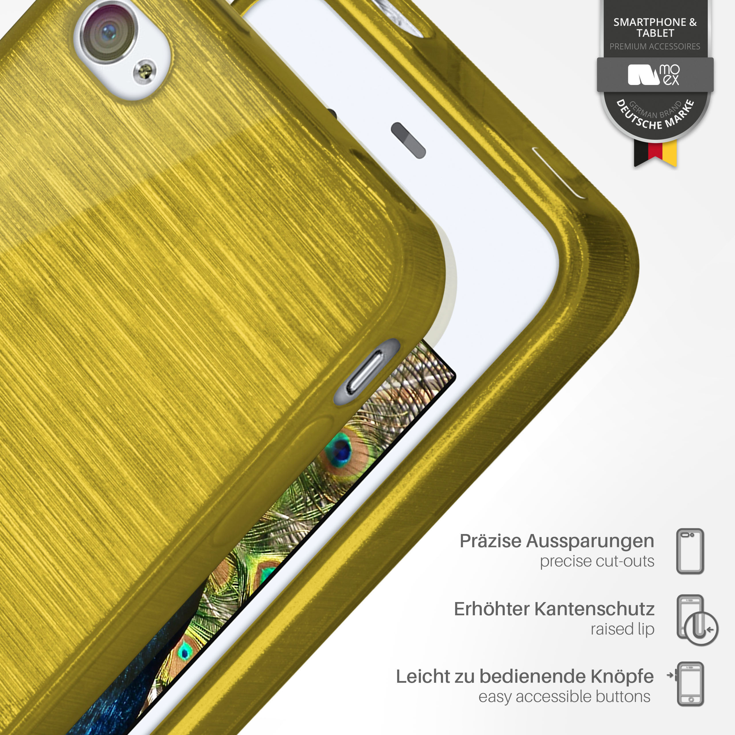 Eine goldene Handyhülle auf einem weißen Telefon, mit einer detaillierten Illustration.