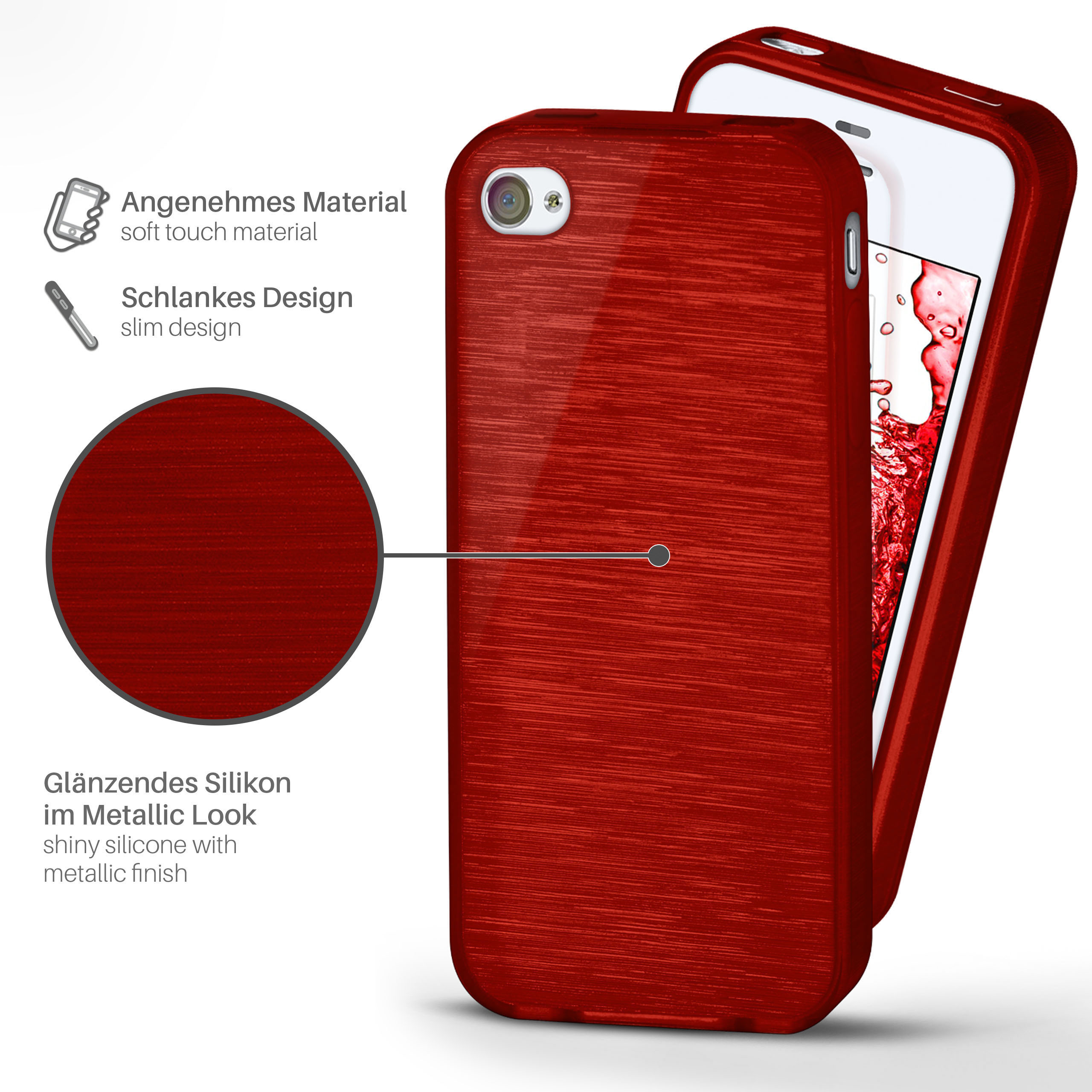 Rote Handyhülle mit rotem Telefon. Zeigt Textur und Kamera.