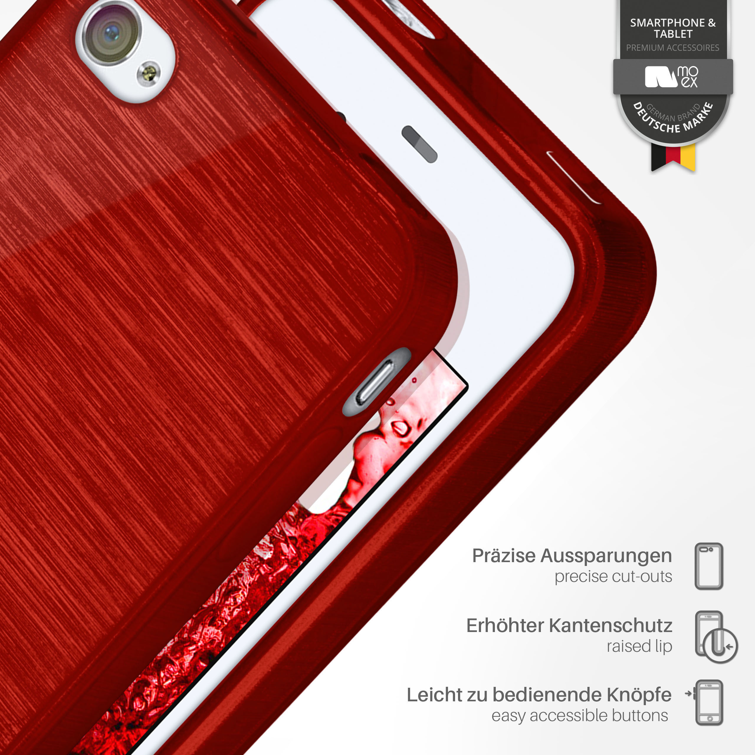 Eine rote Handyhülle mit weißem Handy, Detailansicht.