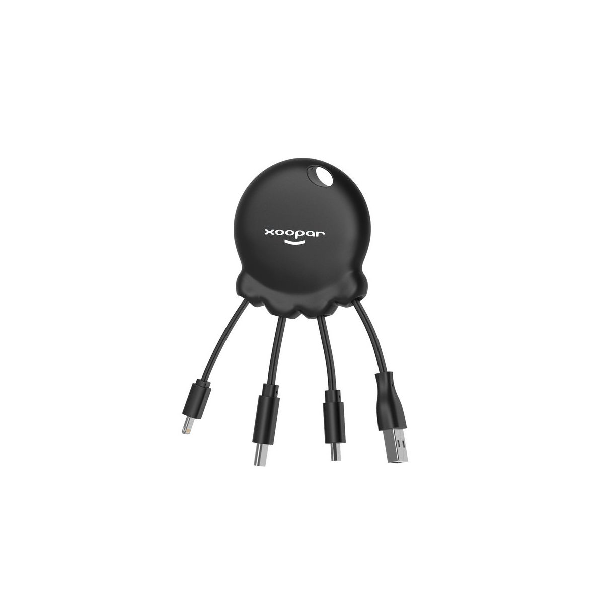 Un adaptador multicable negro con cuatro extremos de conexión diferentes.
