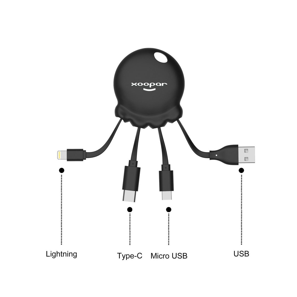 Hub USB negro en forma de pulpo con conectores Lightning, Tipo-C, Micro USB y USB.