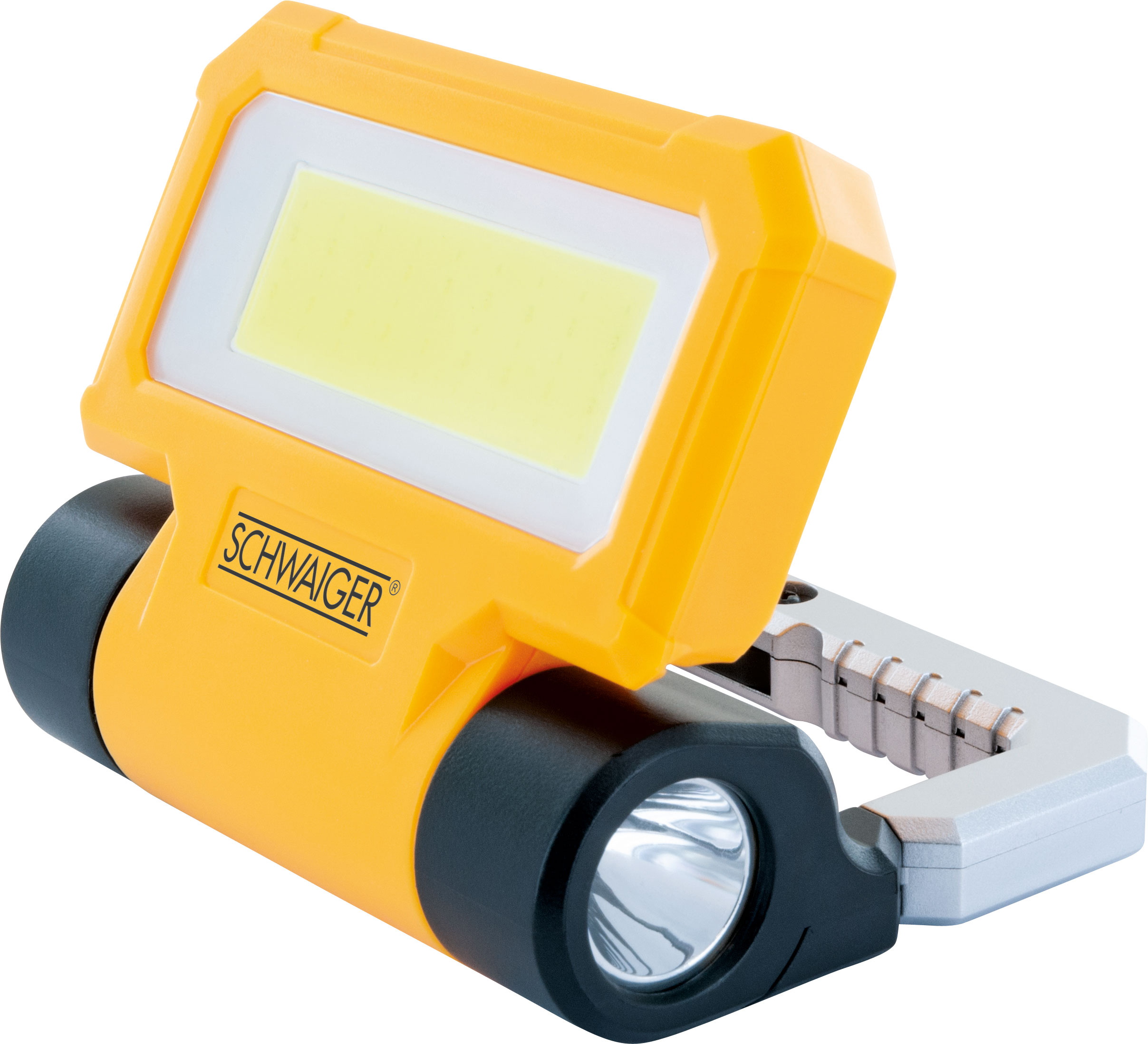 Gelbe Taschenlampe mit drehbarem Kopf, schwarzem Griff und silbernem Halter.