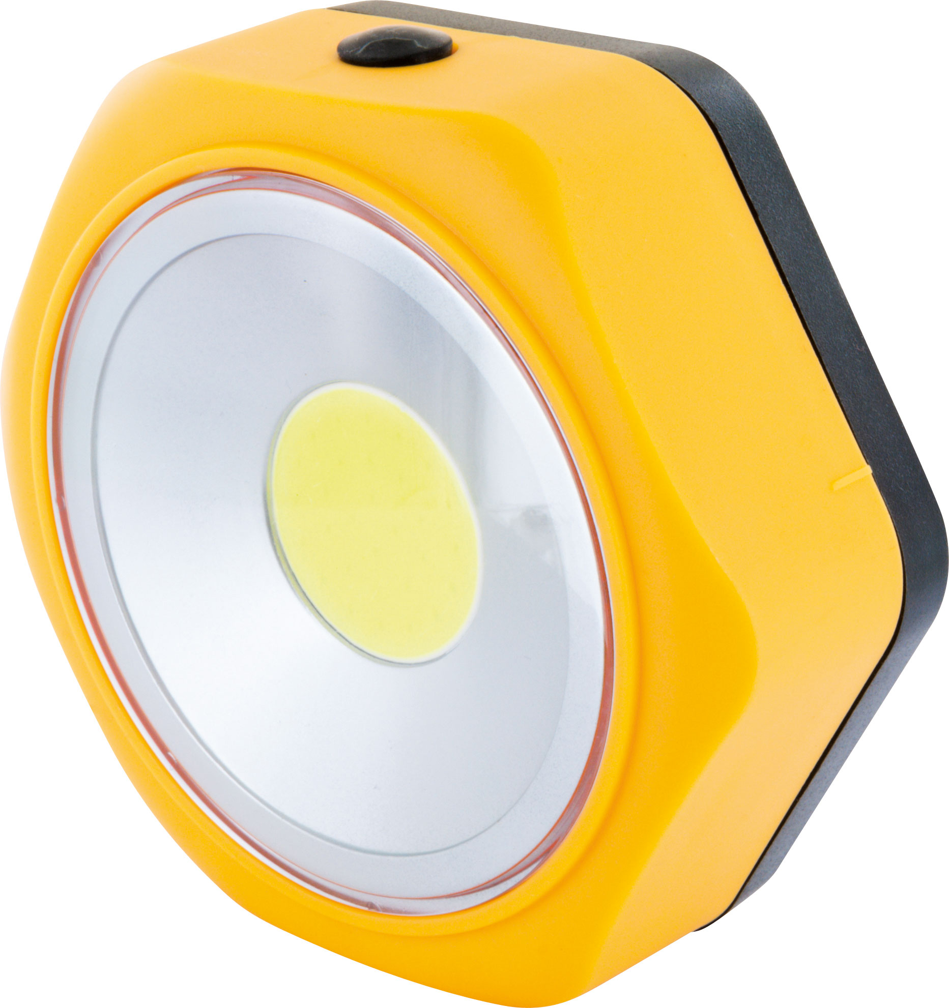 Eine gelb-schwarze sechseckige LED-Leuchte mit silbernem Zentrum. Das Licht ist eingeschaltet, der Hintergrund ist weiß.