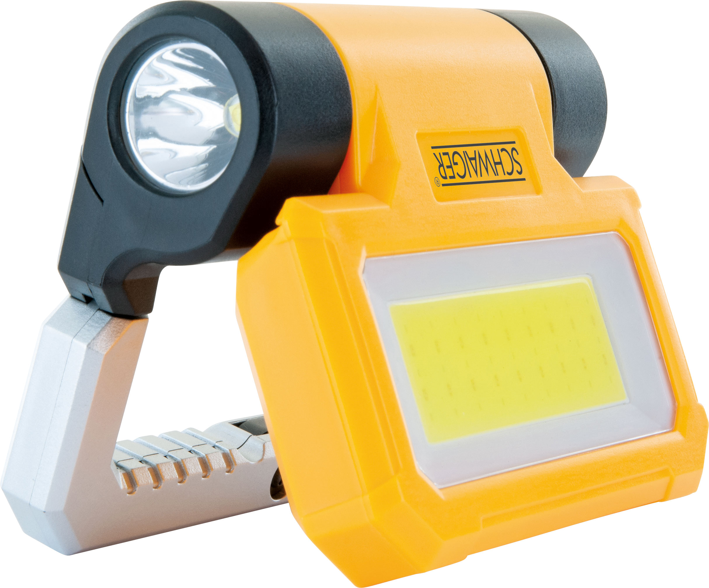 Eine orange-schwarze Arbeitsleuchte mit weißem LED-Licht.
