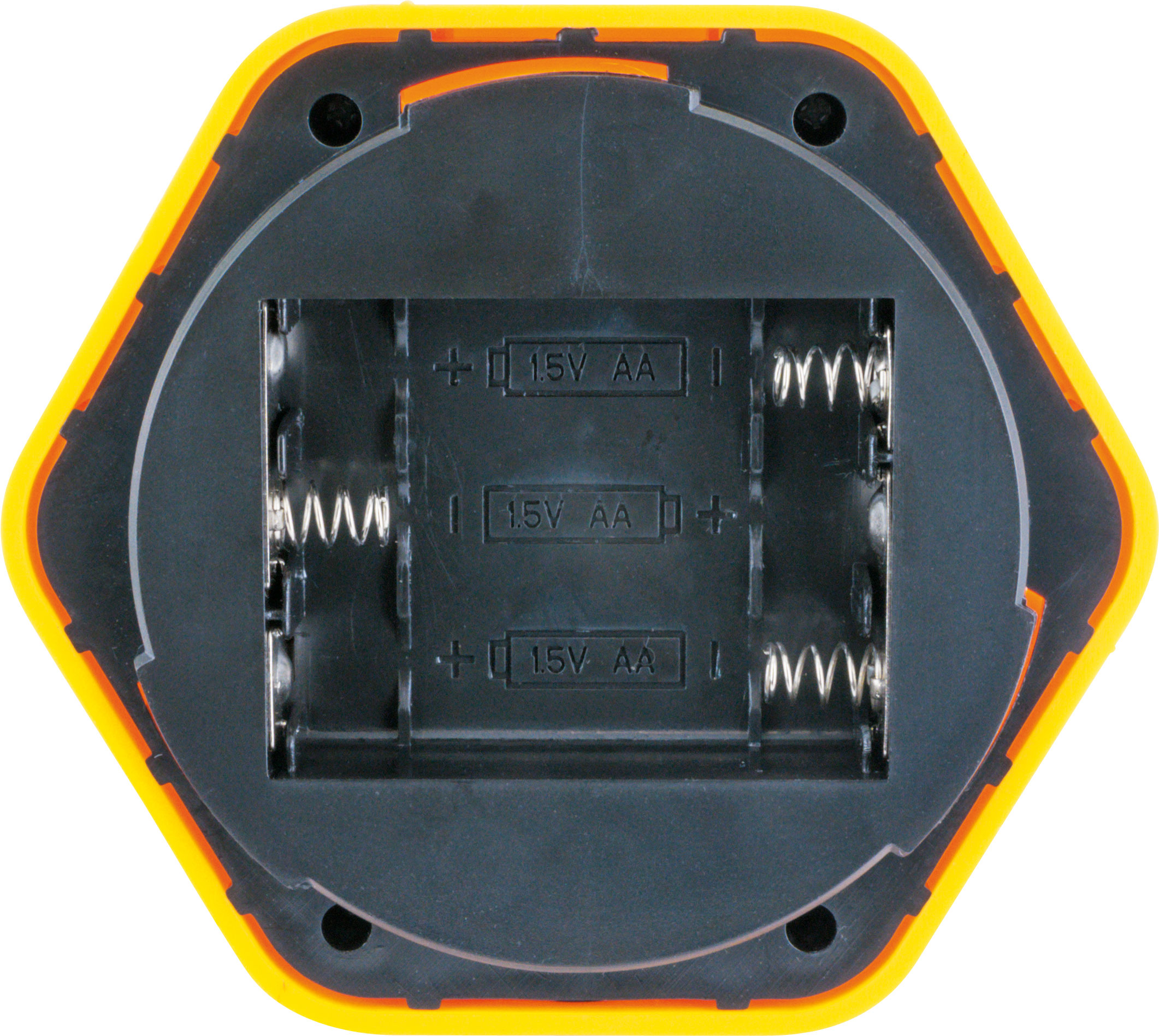 Ein gelbes und schwarzes sechseckiges Objekt mit drei AA-Batterieschlitzen im Inneren.