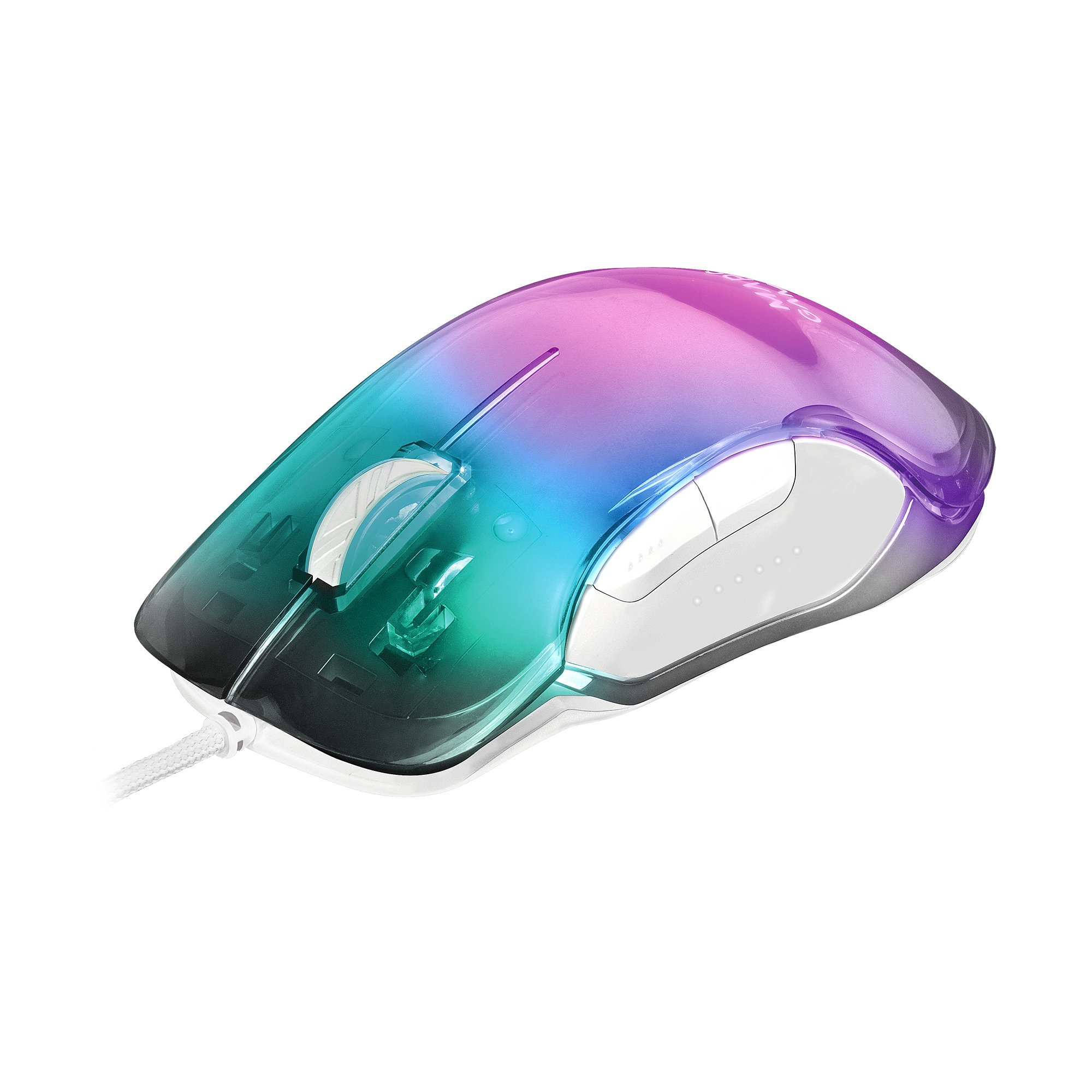 Eine Gaming-Maus mit Farbverlauf und mehreren Tasten, vor weißem Hintergrund.