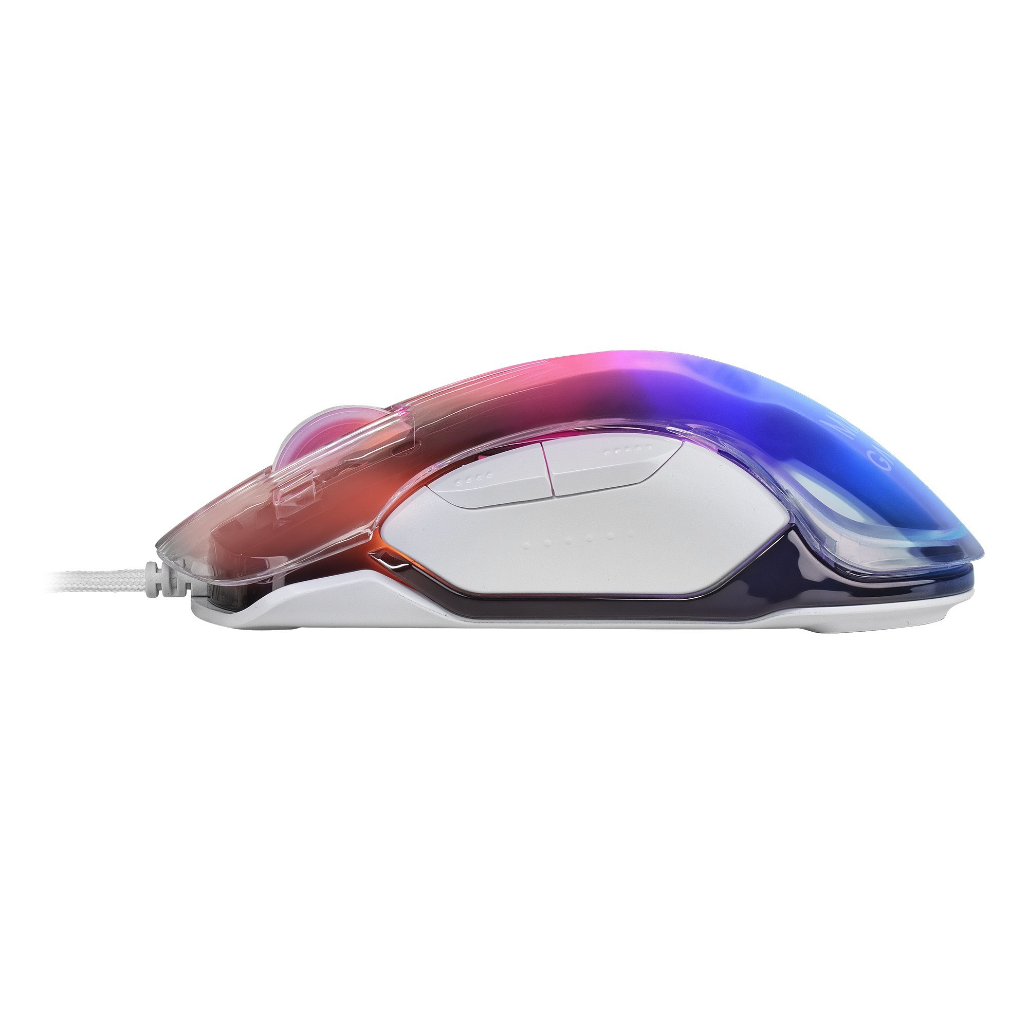 Eine Gaming-Maus. Sie hat eine weiße Basis, transparente Abdeckung und zwei Tasten. Es gibt ein Kabel.