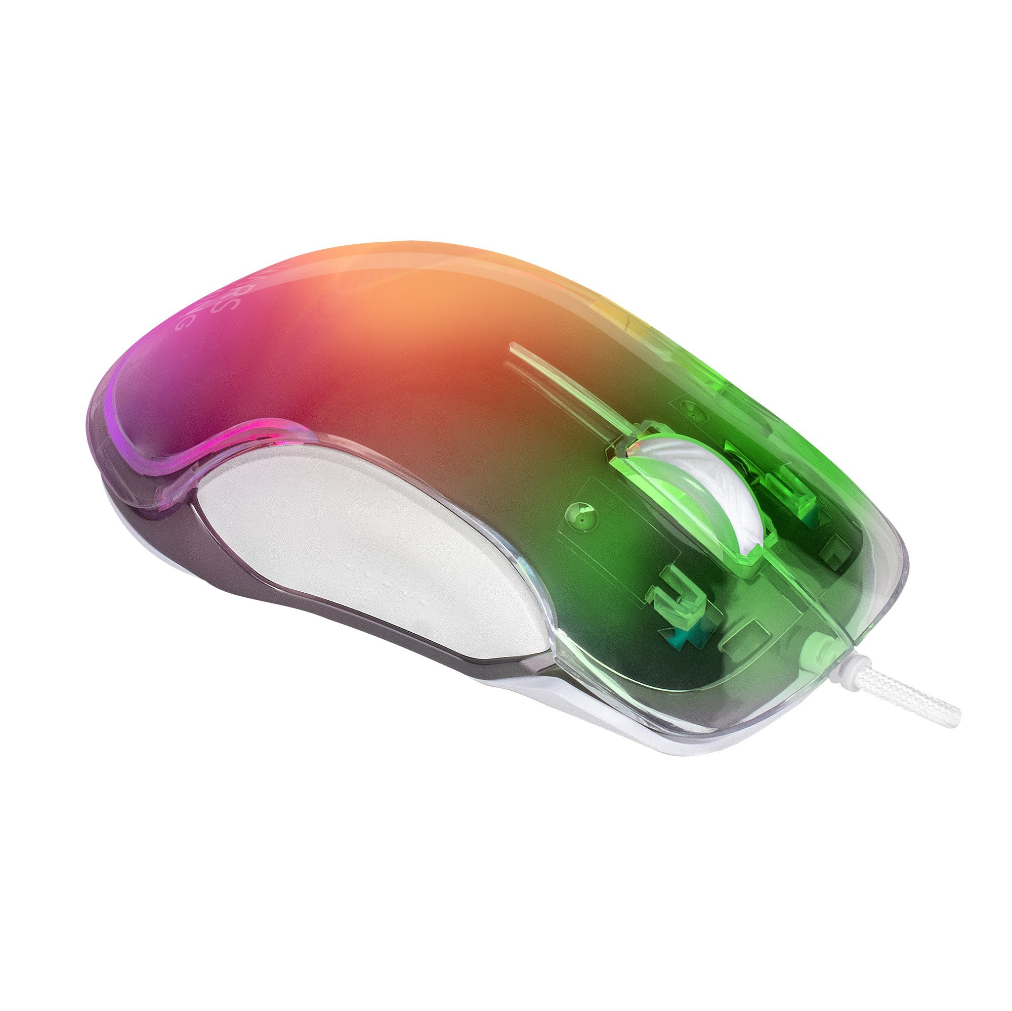 Eine bunte Computermaus mit transparentem Gehäuse. Die Maus ist auf weißem Hintergrund.