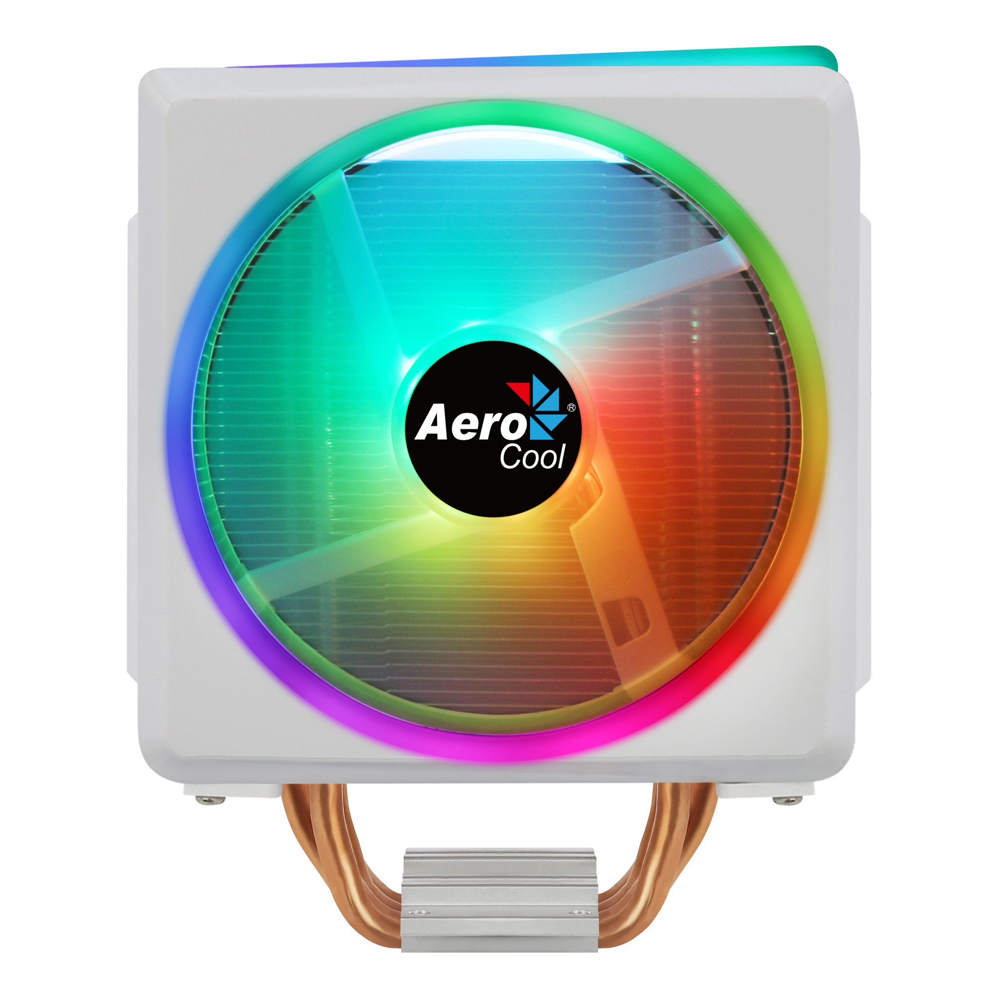 Un enfriador de CPU AeroCool con un ventilador LED colorido. Se ven tubos de calor de cobre.