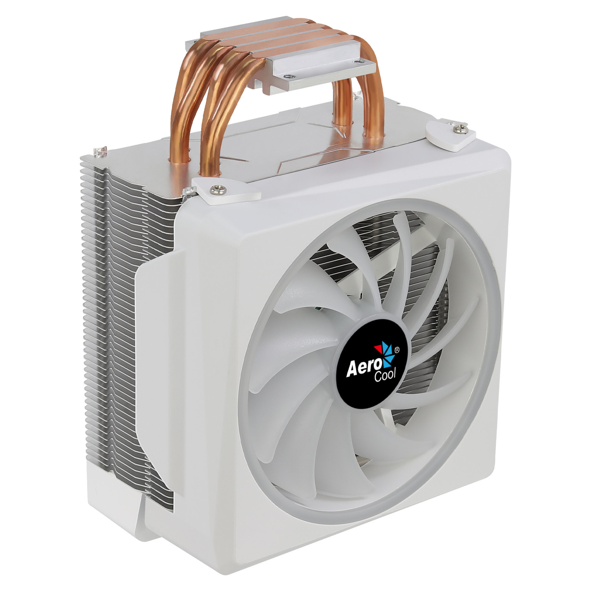 Ventilador de computadora blanco y plateado con tubos de calor de cobre. Tiene un ventilador blanco y el logotipo negro AeroCool.
