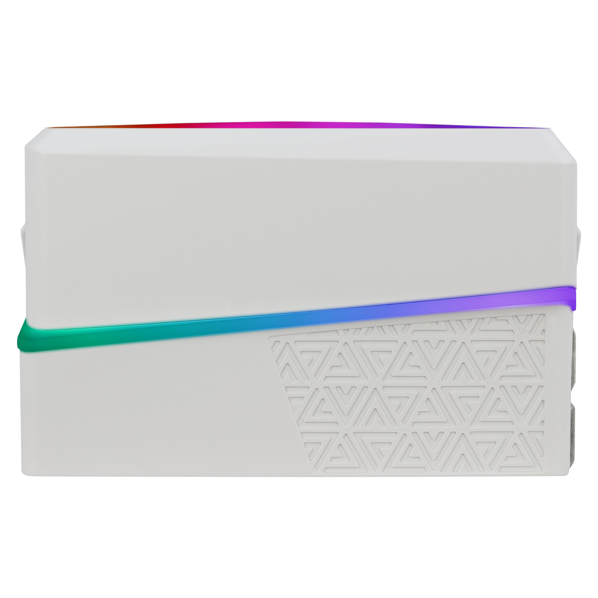Dispositivo blanco y gris con tira de luz de color. Patrón geométrico en el lateral, luces arriba y abajo.