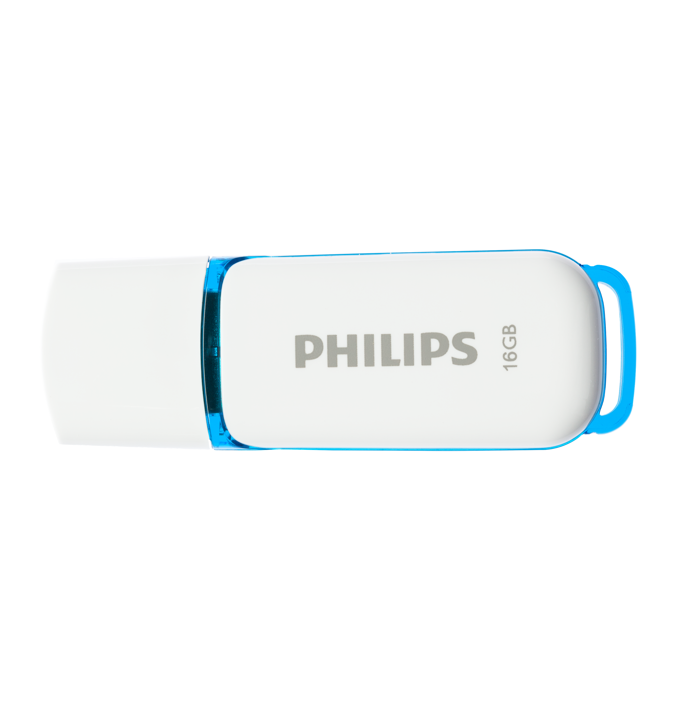 Biało-niebieski pendrive USB Philips na białym tle.