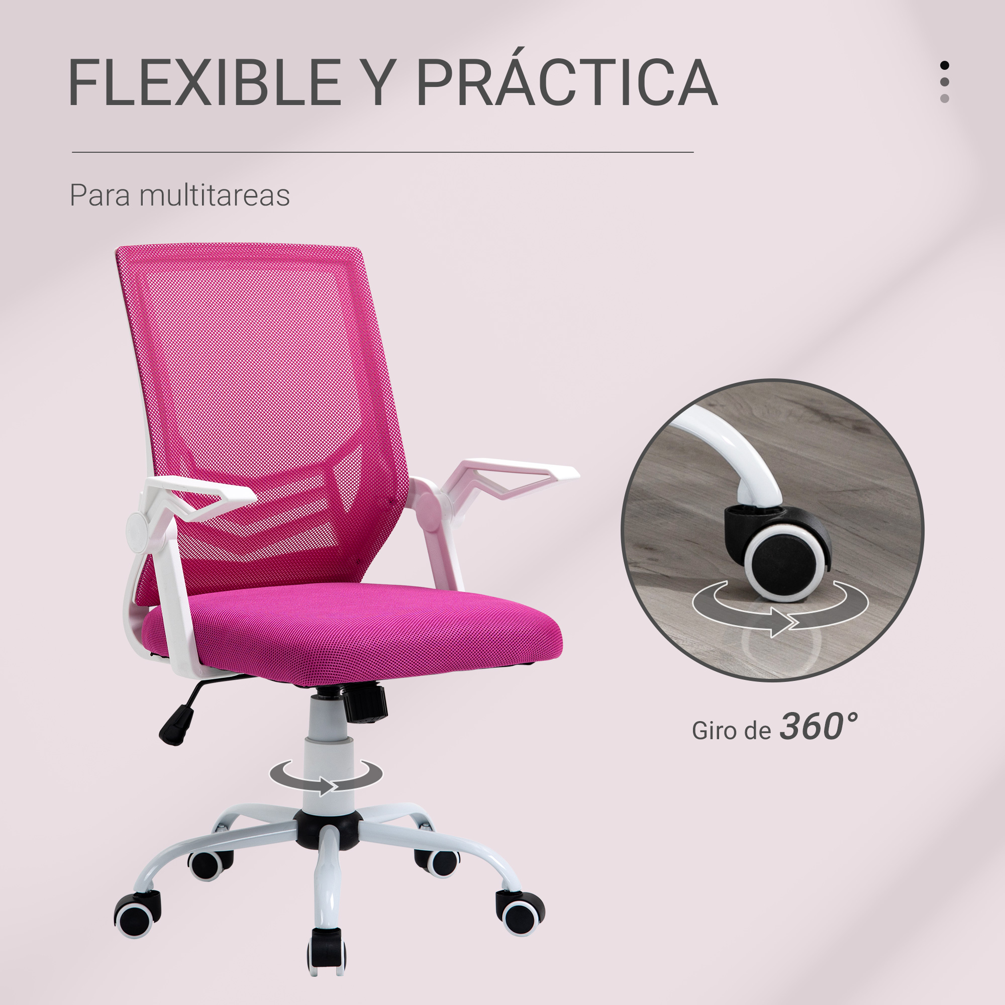 Silla de oficina rosa con respaldo de malla, marco y reposabrazos blancos, con ruedas. 360º.