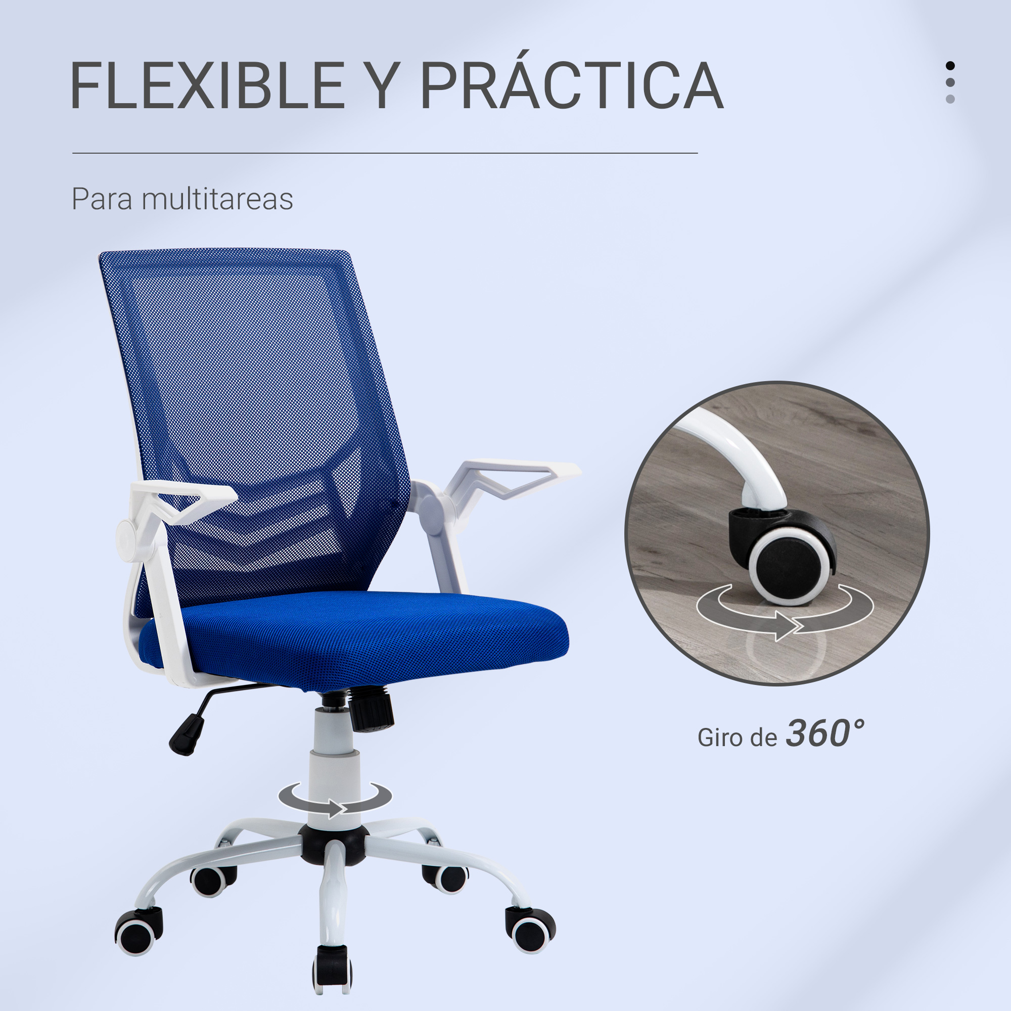 Una silla de oficina azul y blanca con función giratoria de 360 grados. Texto en español arriba.