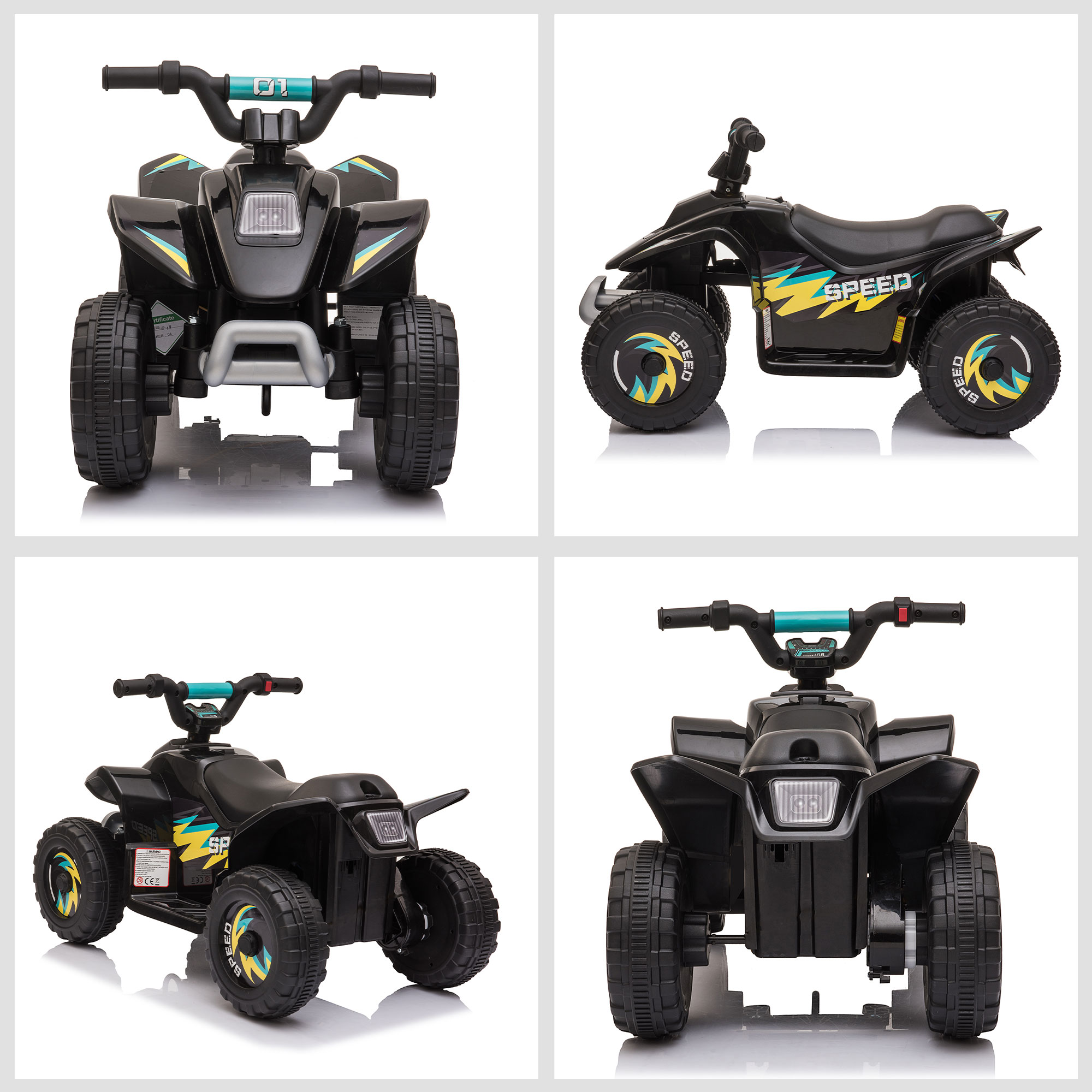 Cuatro vistas de un ATV de juguete negro. Tiene llantas negras y detalles turquesa.
