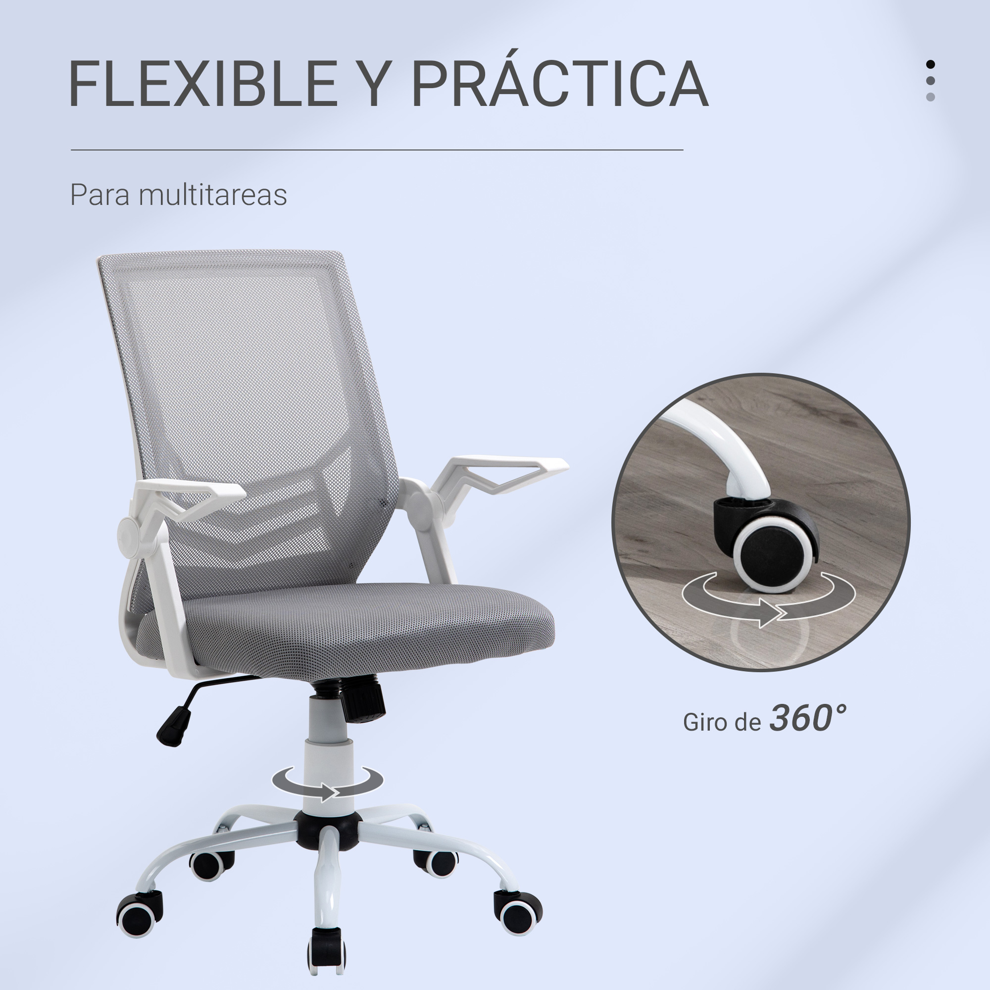 Una silla de oficina con respaldo de malla gris y marco blanco, con giro de 360 grados.