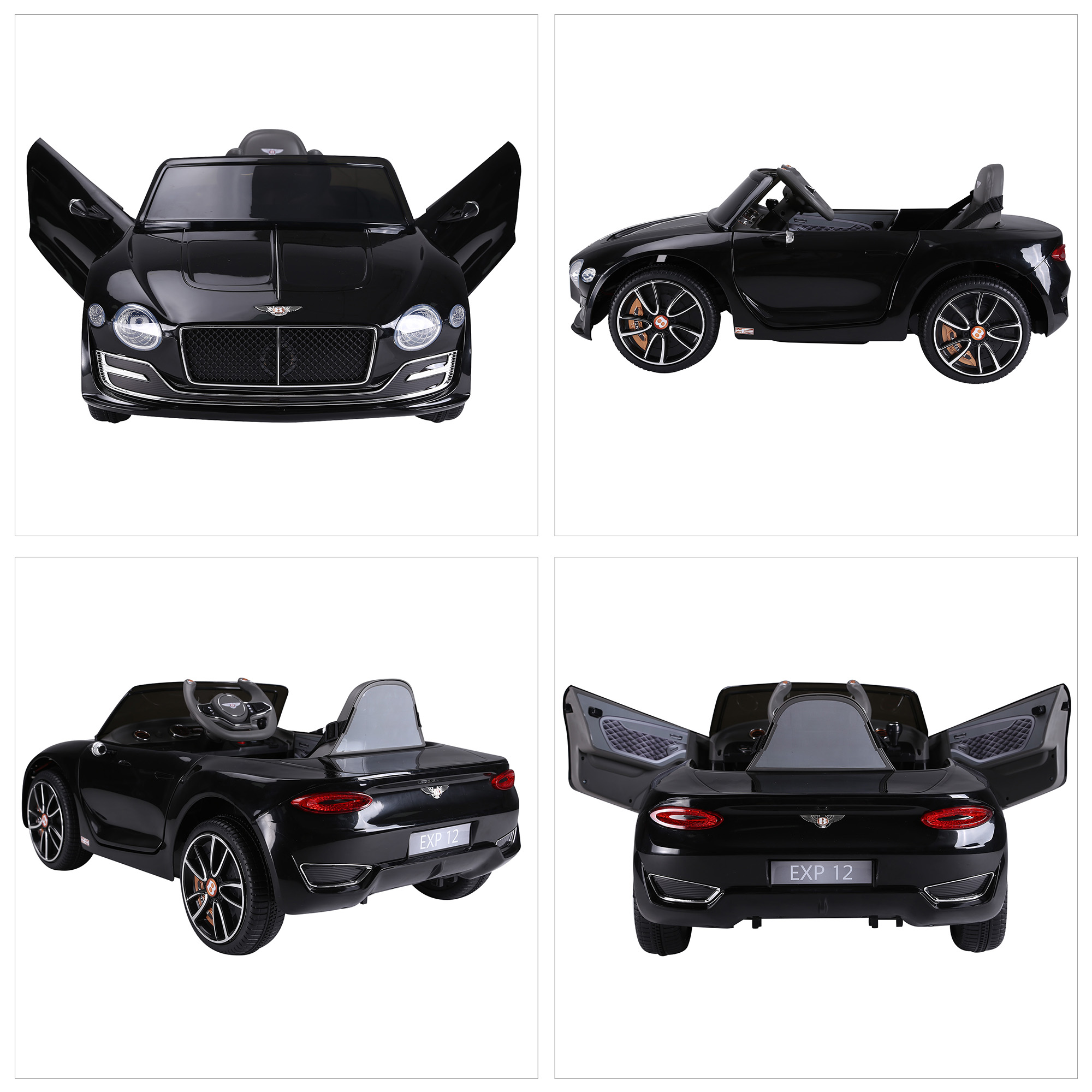 Múltiples vistas de un coche de juguete Bentley negro con puertas abiertas.
