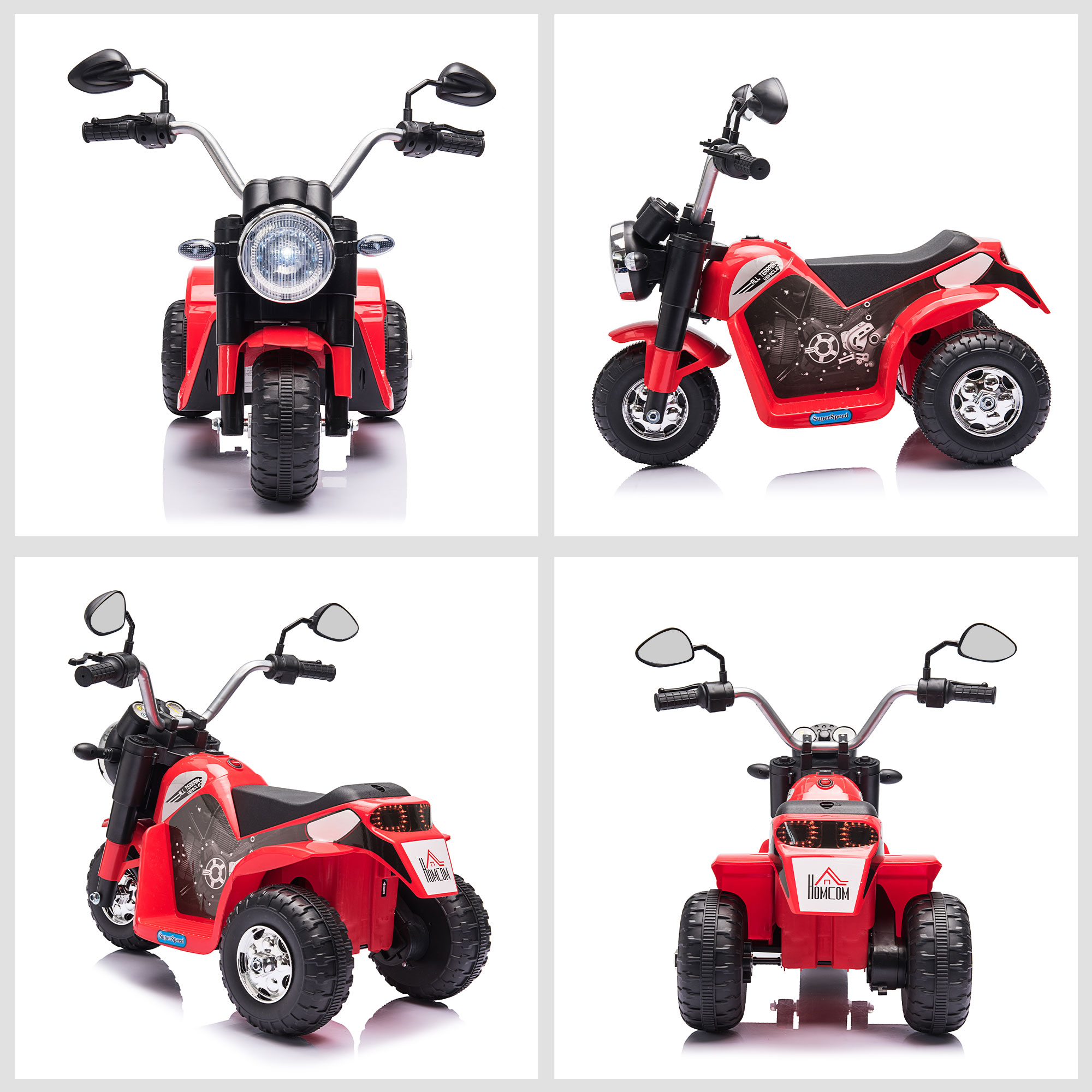 Cuatro vistas de una motocicleta de juguete roja. Tiene tres ruedas, un faro, espejos y un pequeño parabrisas.