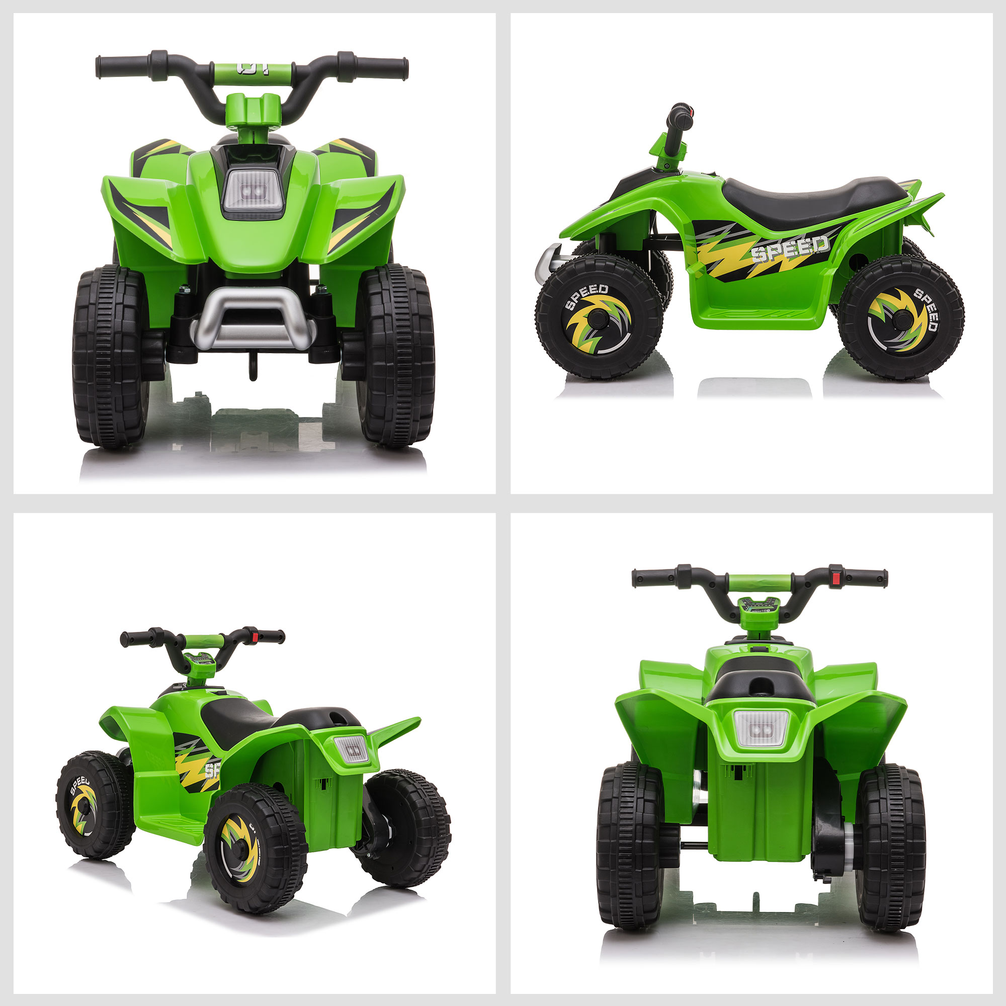 Cuatro imágenes de un quad de juguete verde desde diferentes ángulos, fondo blanco, juguete infantil.