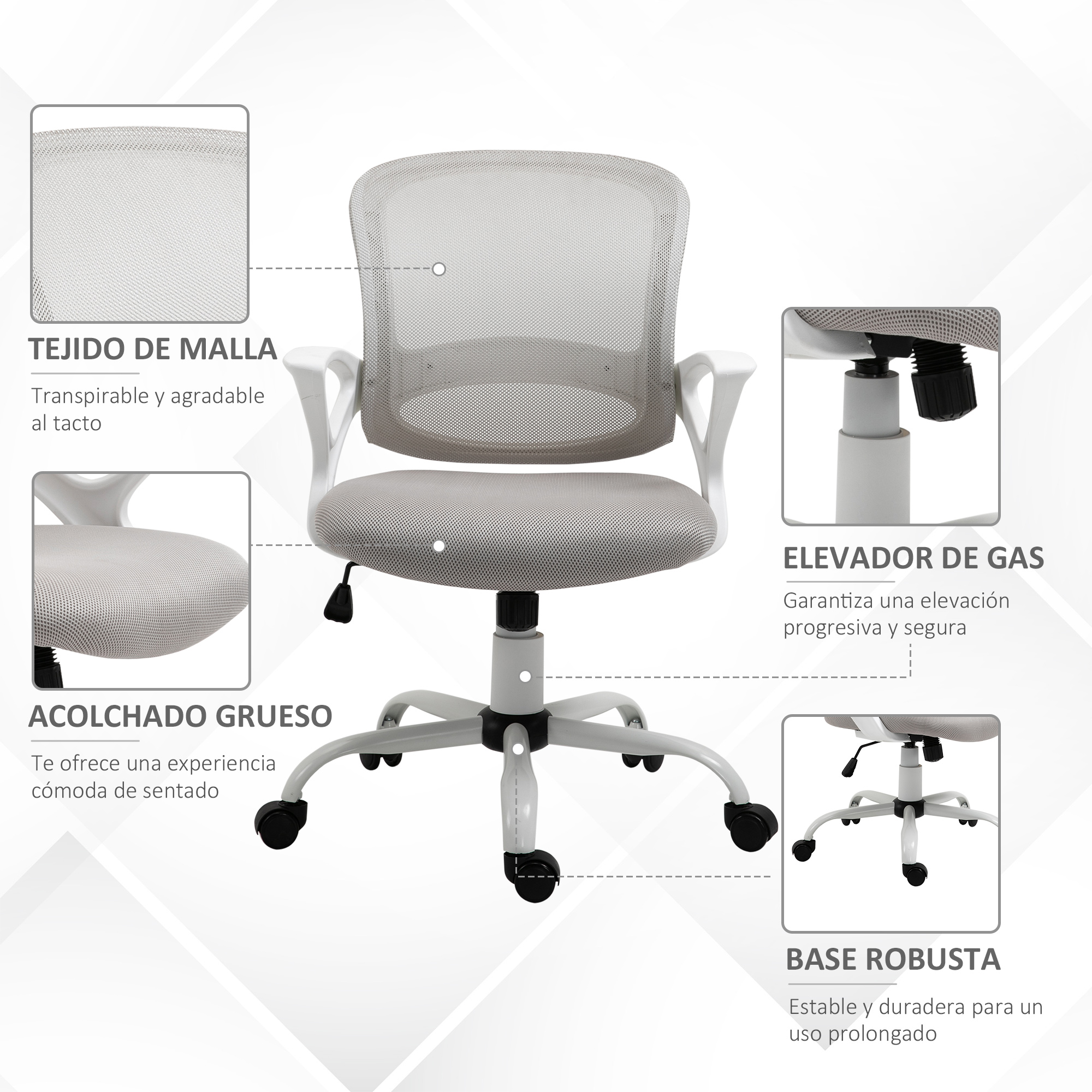 Una silla de oficina con respaldo de malla gris, marco blanco y características etiquetadas en español.