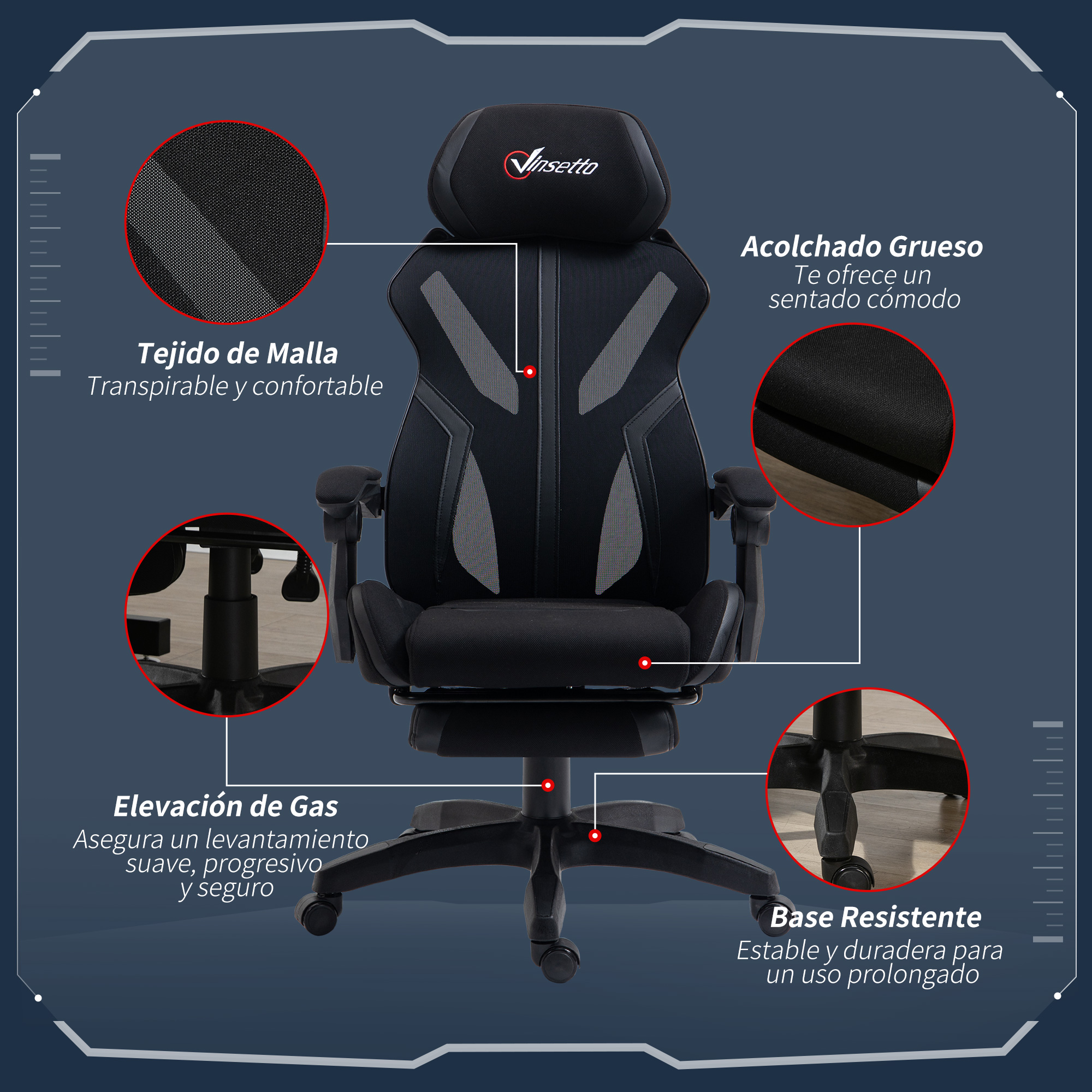 Silla gamer ergonómica negra con características: malla transpirable, elevación de gas, base robusta.