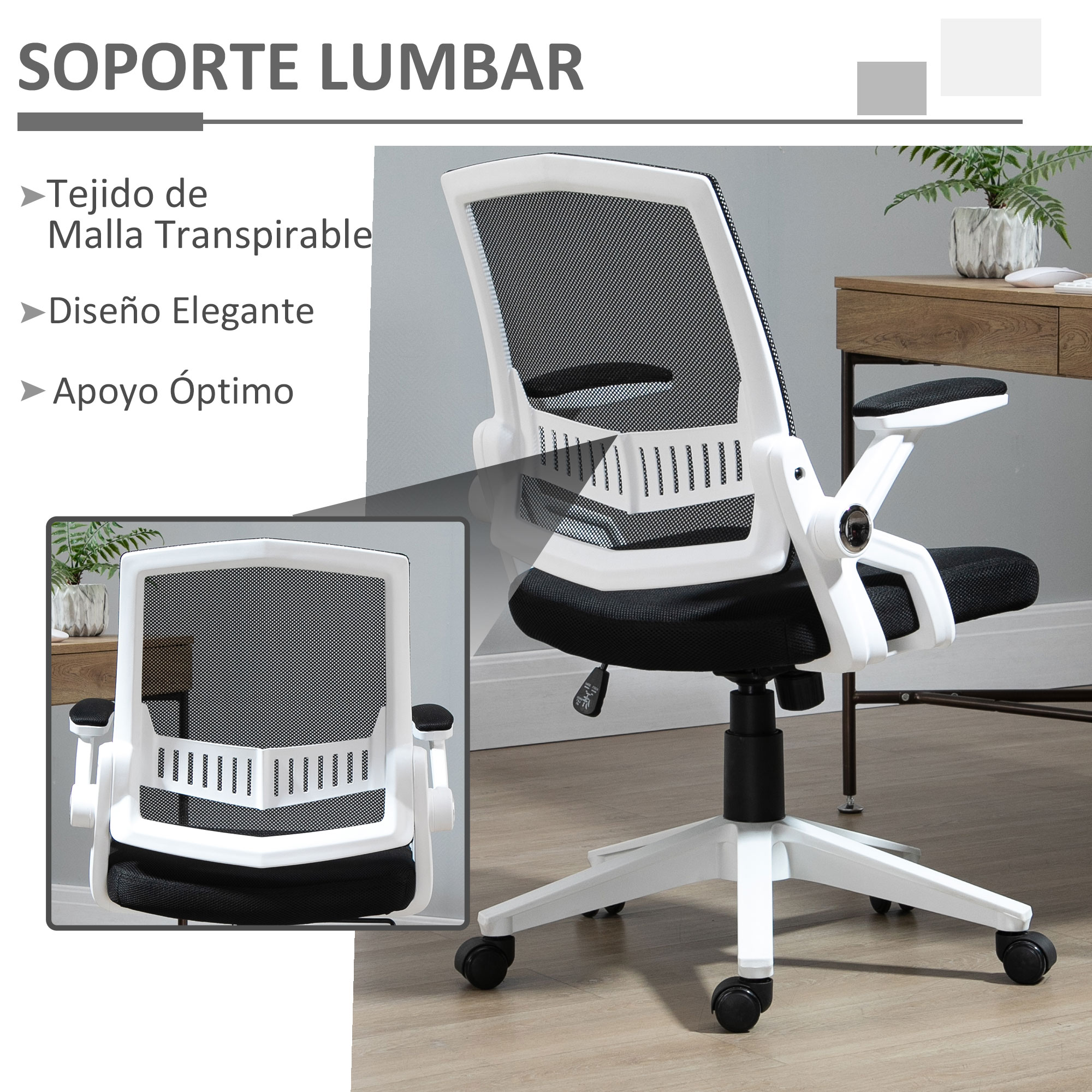 Silla de oficina de malla blanca y negra con soporte lumbar, con texto en español.
