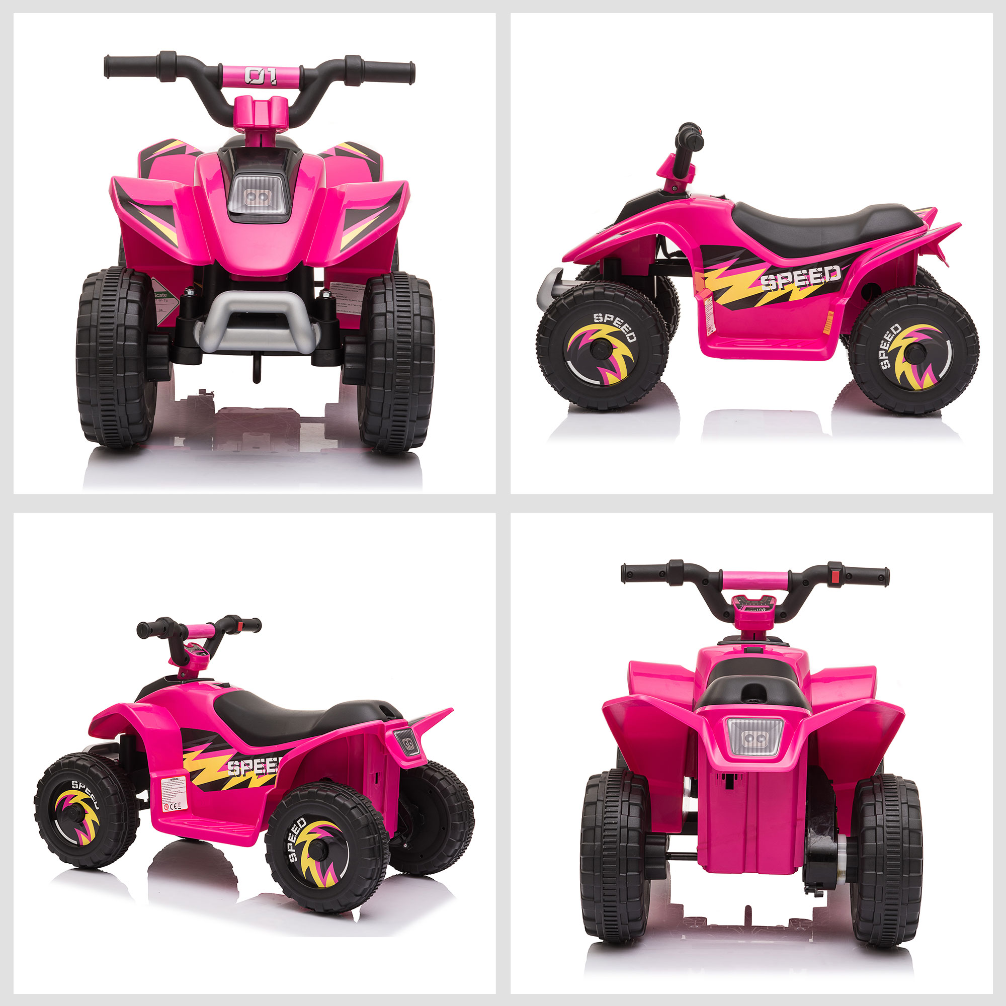 Cuatro vistas de un quad rosa de juguete, mostrando su diseño desde diferentes ángulos.
