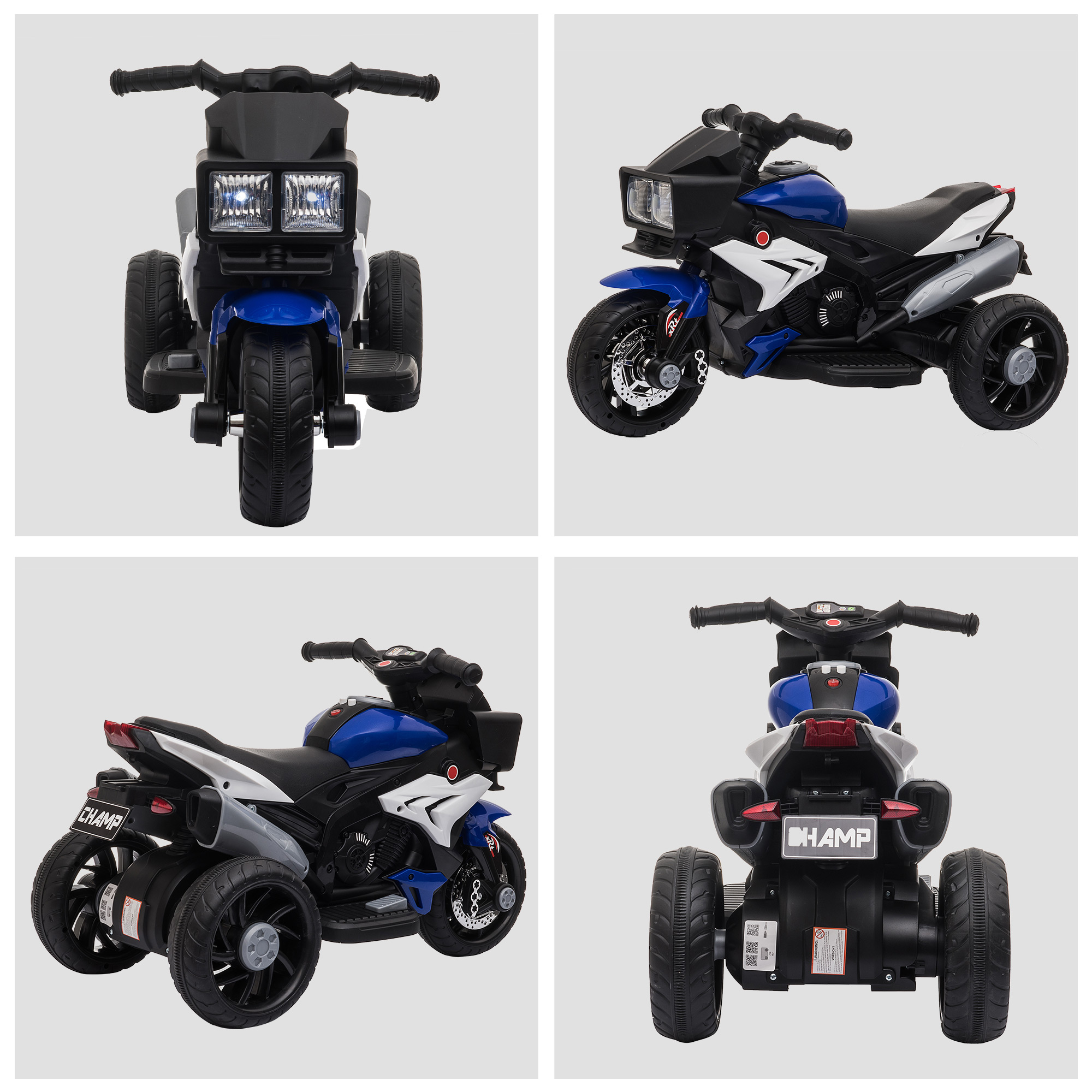 Cuatro vistas de una moto de juguete azul y negra con tres ruedas. La palabra 'CHAMP' está en ella.