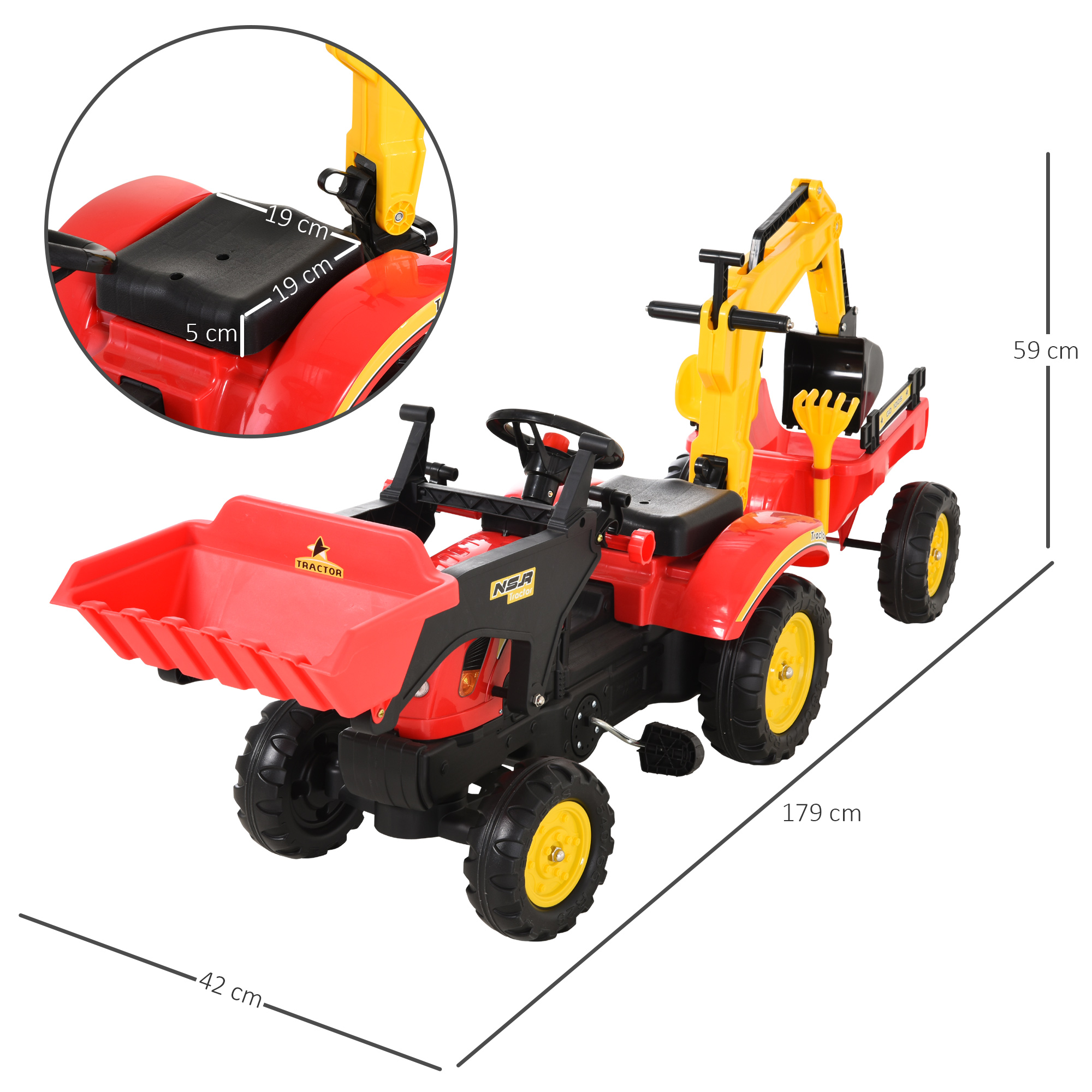 Trattore giocattolo rosso e giallo con dimensioni e primo piano del dettaglio del sedile.