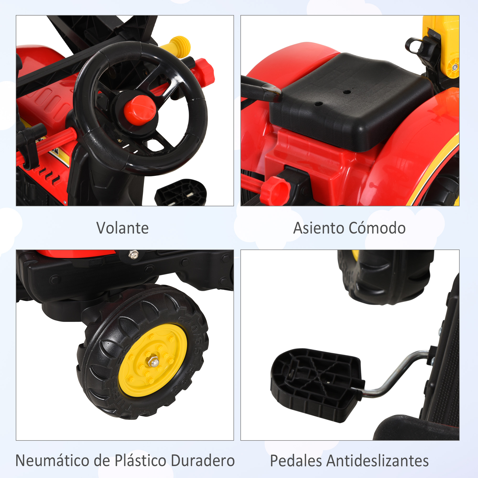 Tractor de juguete rojo y negro con volante, asiento, neumático de plástico duradero y pedales antideslizantes. Vistas múltiples.