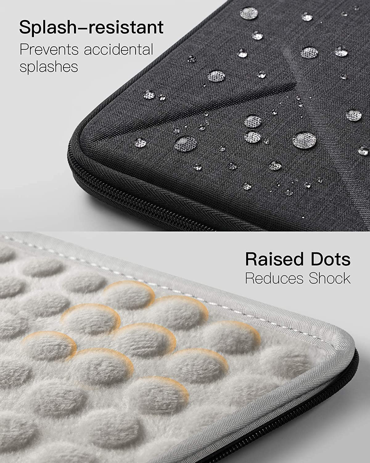 Nahaufnahme der Außenseite einer schwarzen Tasche mit Wassertropfen und Innenseite mit weißen Punkten.
