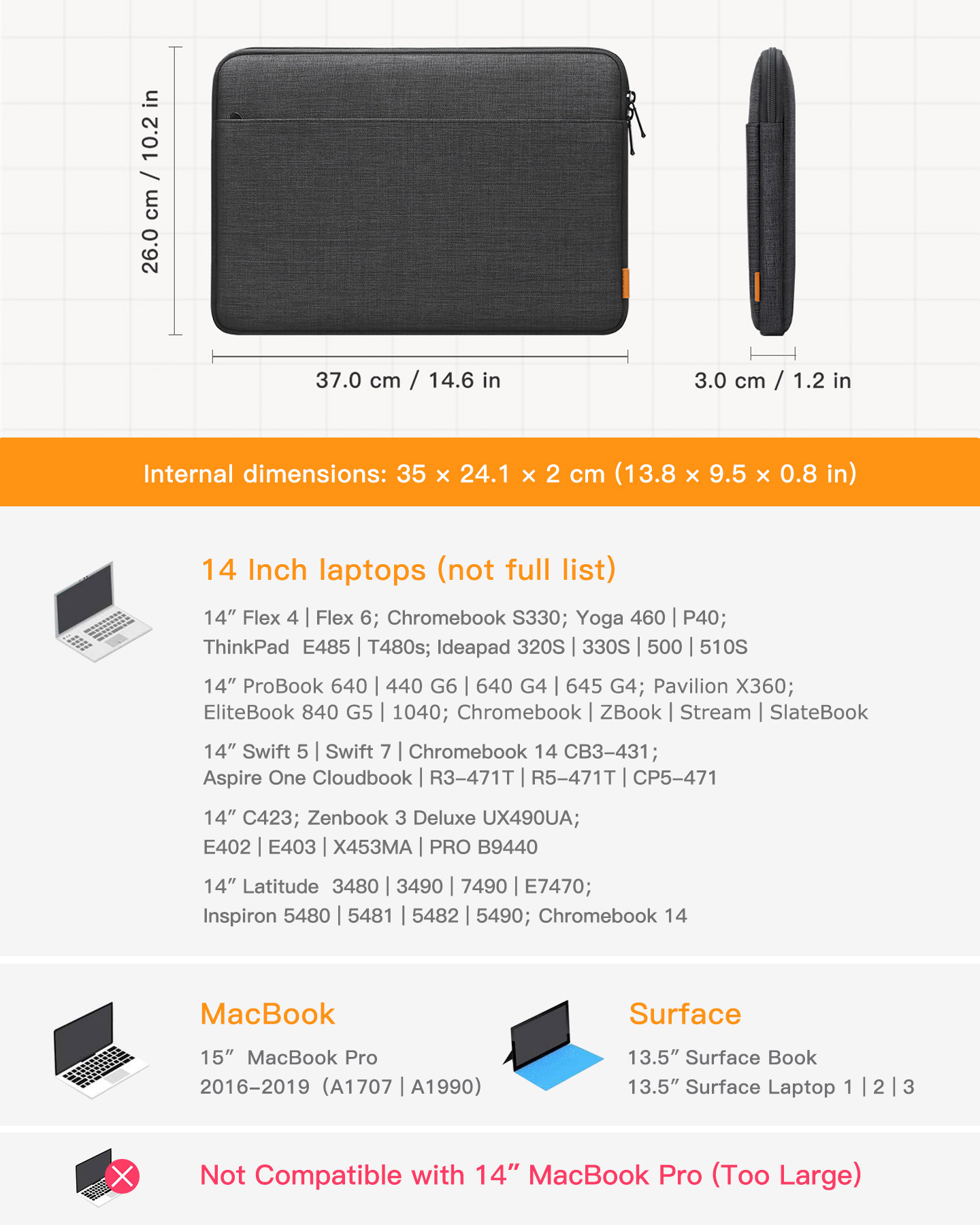 Eine schwarze Laptoptasche mit Abmessungen und Liste kompatibler 14-Zoll-Laptops.