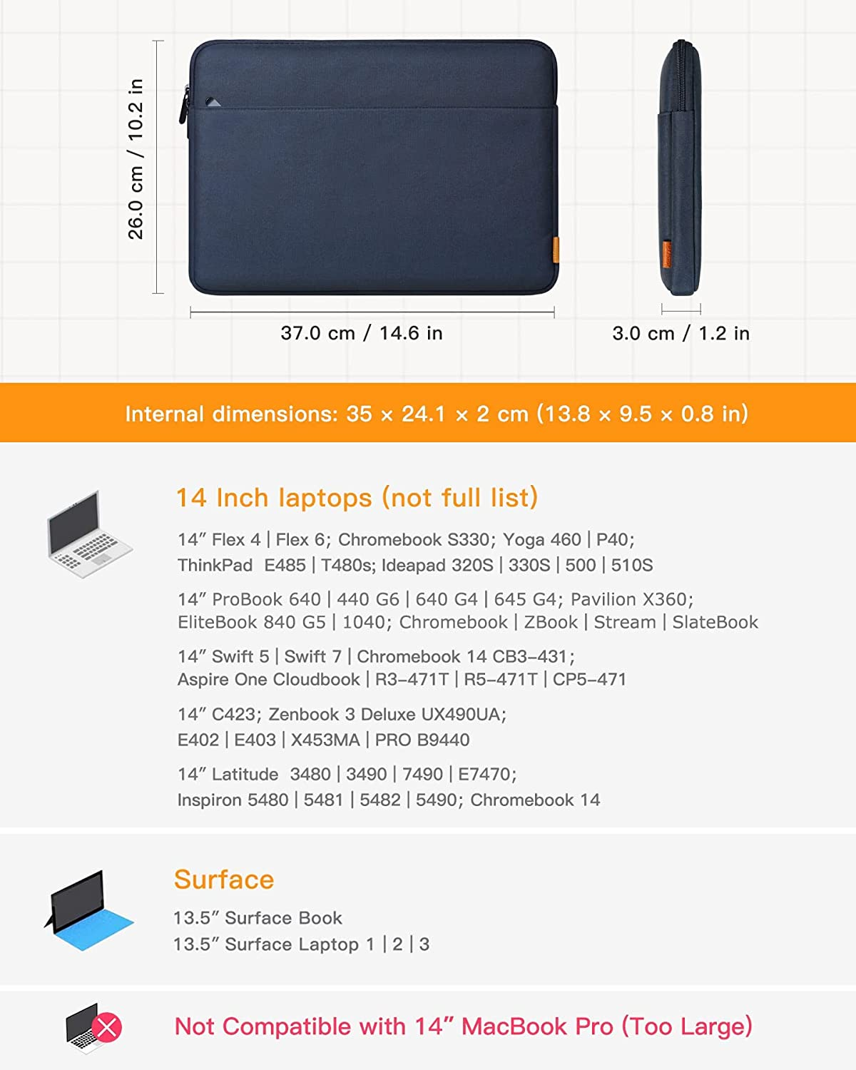 Dunkelblaue Laptoptasche, mit Abmessungen und Laptop-Kompatibilitätsliste.