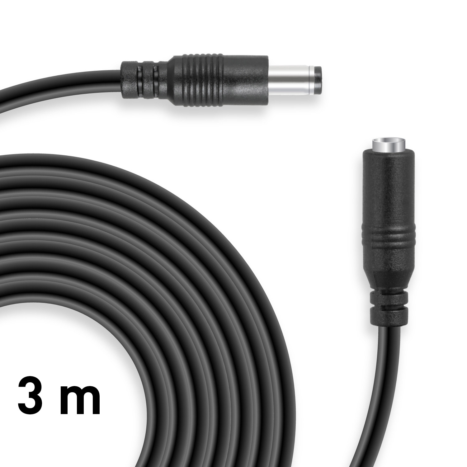 Schwarzes Stromkabel mit Stecker und Buchse. Der Text '3 m' ist vorhanden.