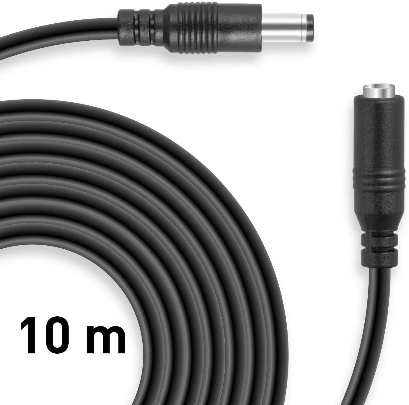 Schwarzes 10m Netzkabel mit Anschlüssen an beiden Enden. Ein Ende hat einen DC-Anschluss.
