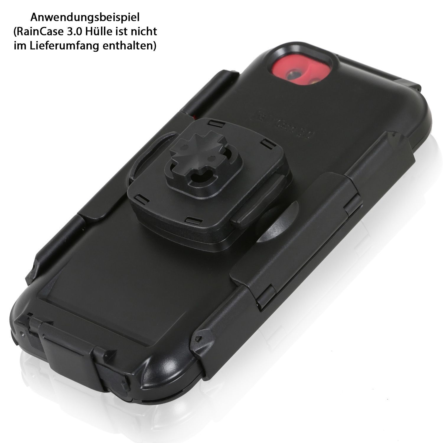 Eine schwarze Handyhülle mit einem Telefon darin. Ein schwarzes Befestigungsgerät ist angebracht.