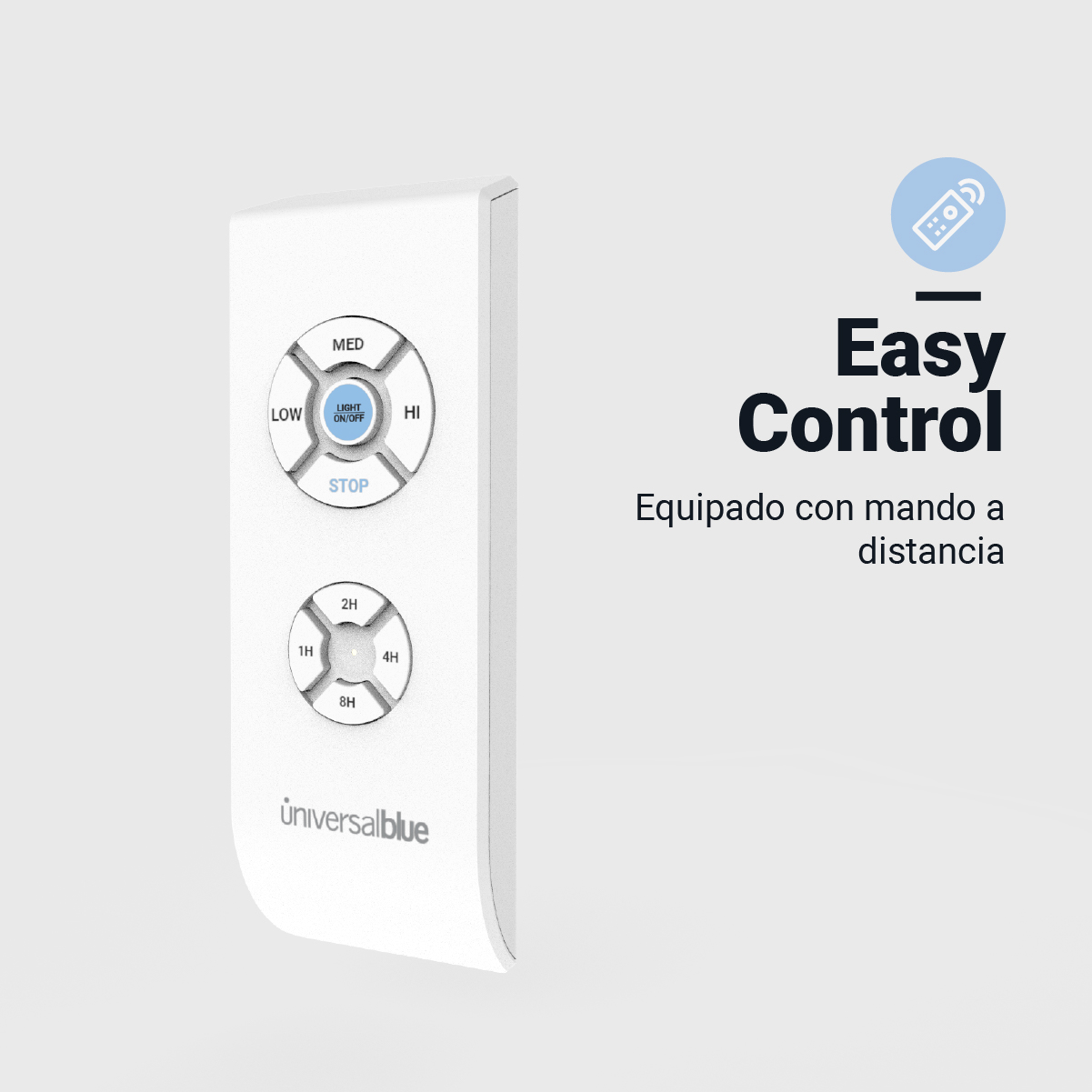 Telecomando bianco con pulsanti e testo, con le parole 'Easy Control'.