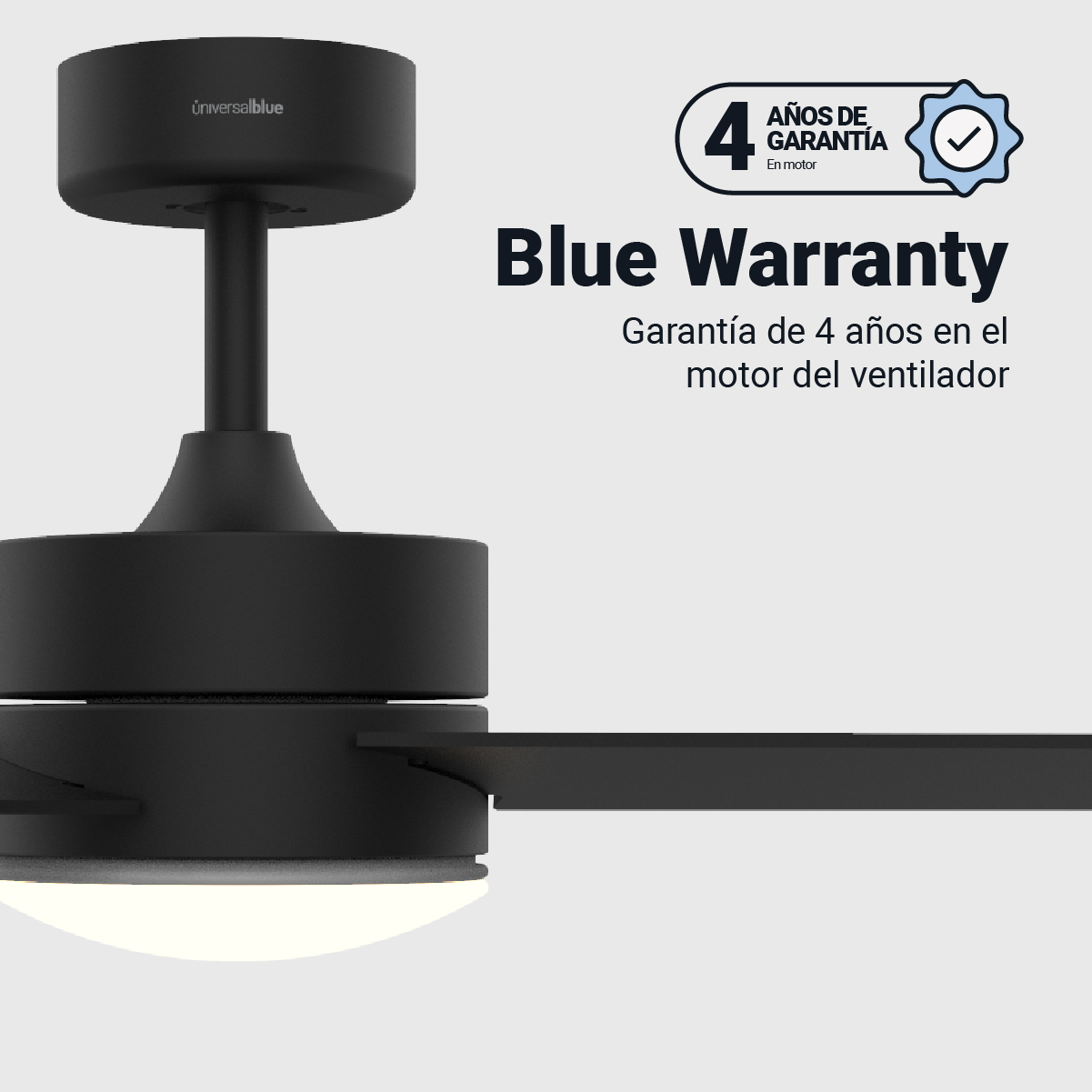 Ventilatore da soffitto nero con luce e un avviso di garanzia.