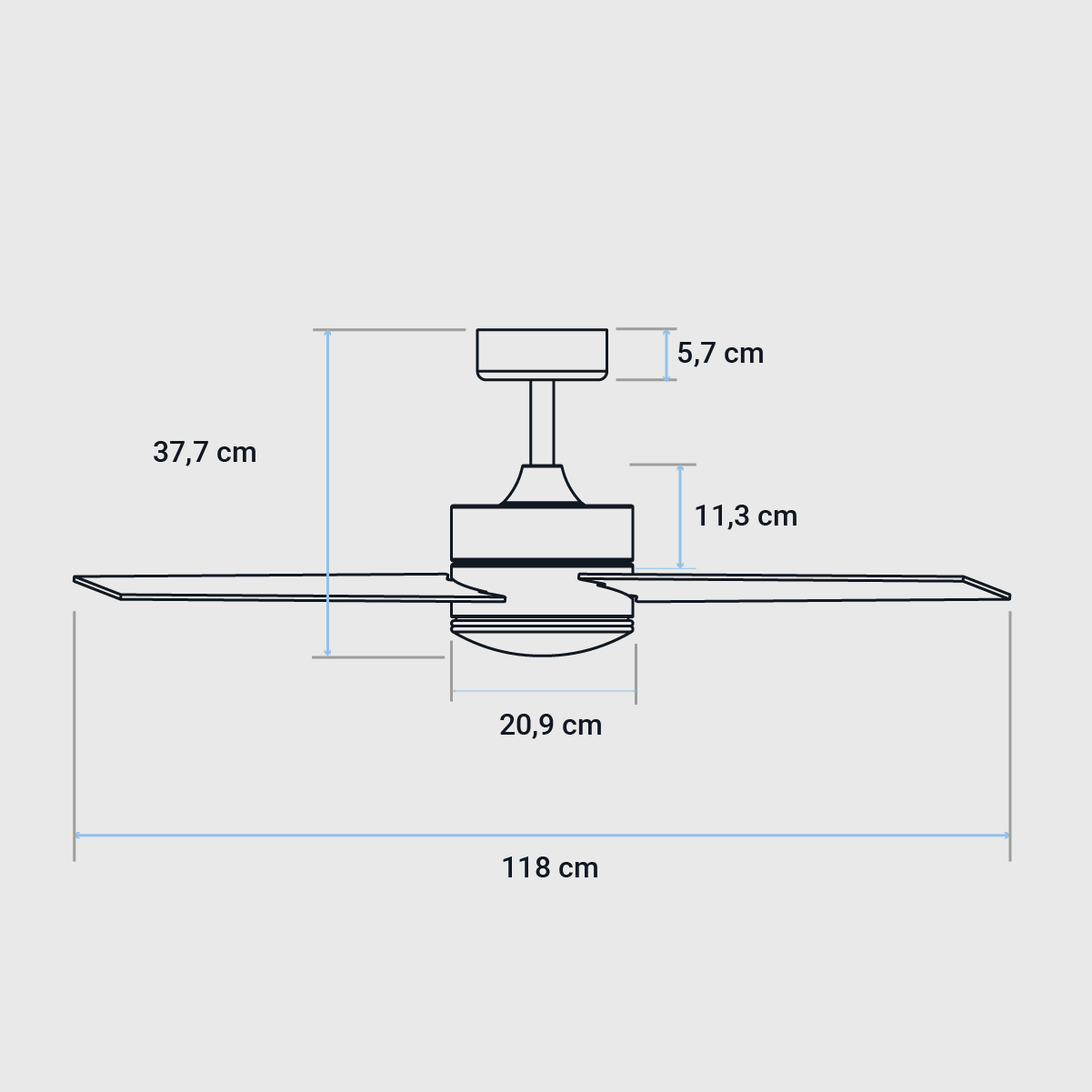 Diagramma di un ventilatore da soffitto con dimensioni in centimetri.