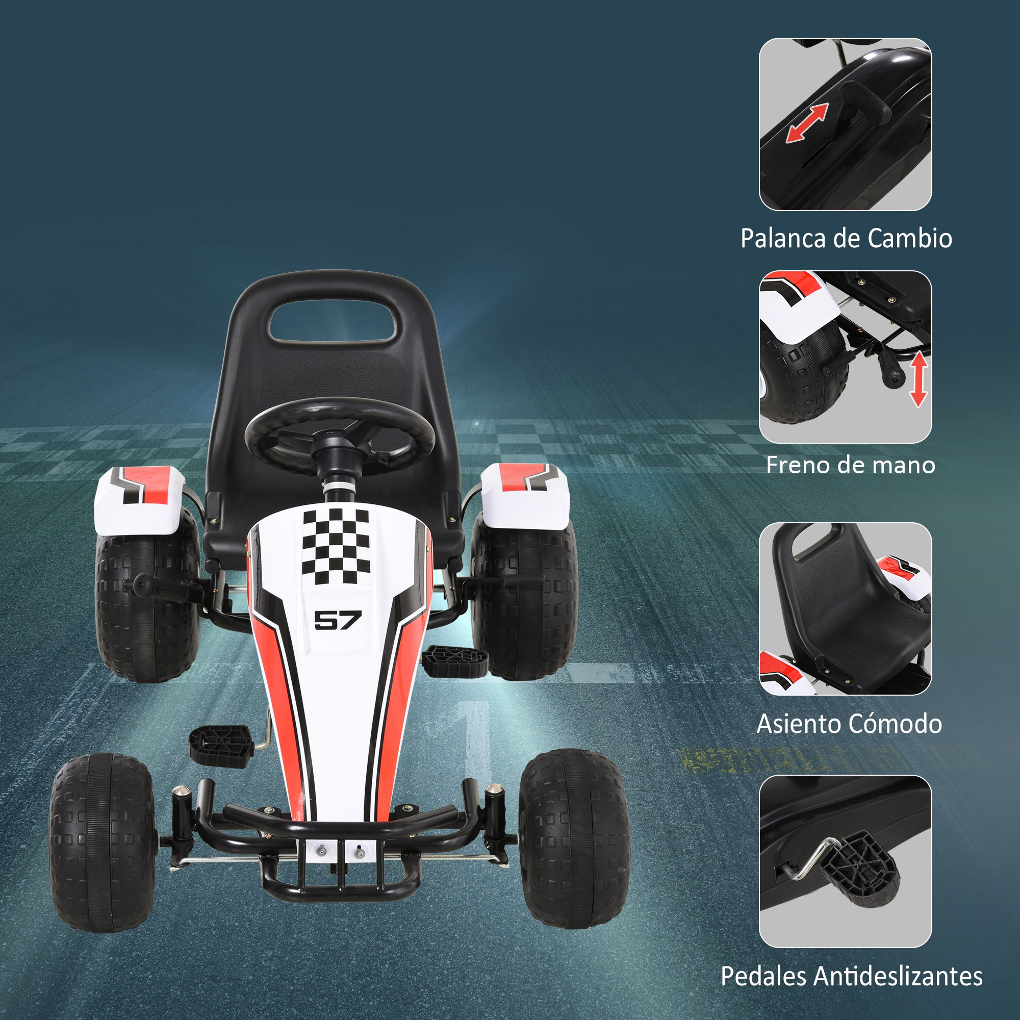 Go-kart a pedales con diseño de bandera a cuadros, paneles laterales y componentes detallados.