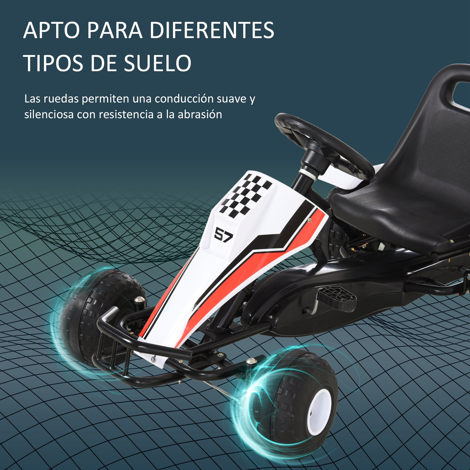 Un kart a pedales con un diseño blanco y rojo, neumáticos negros y un fondo azul con una red.