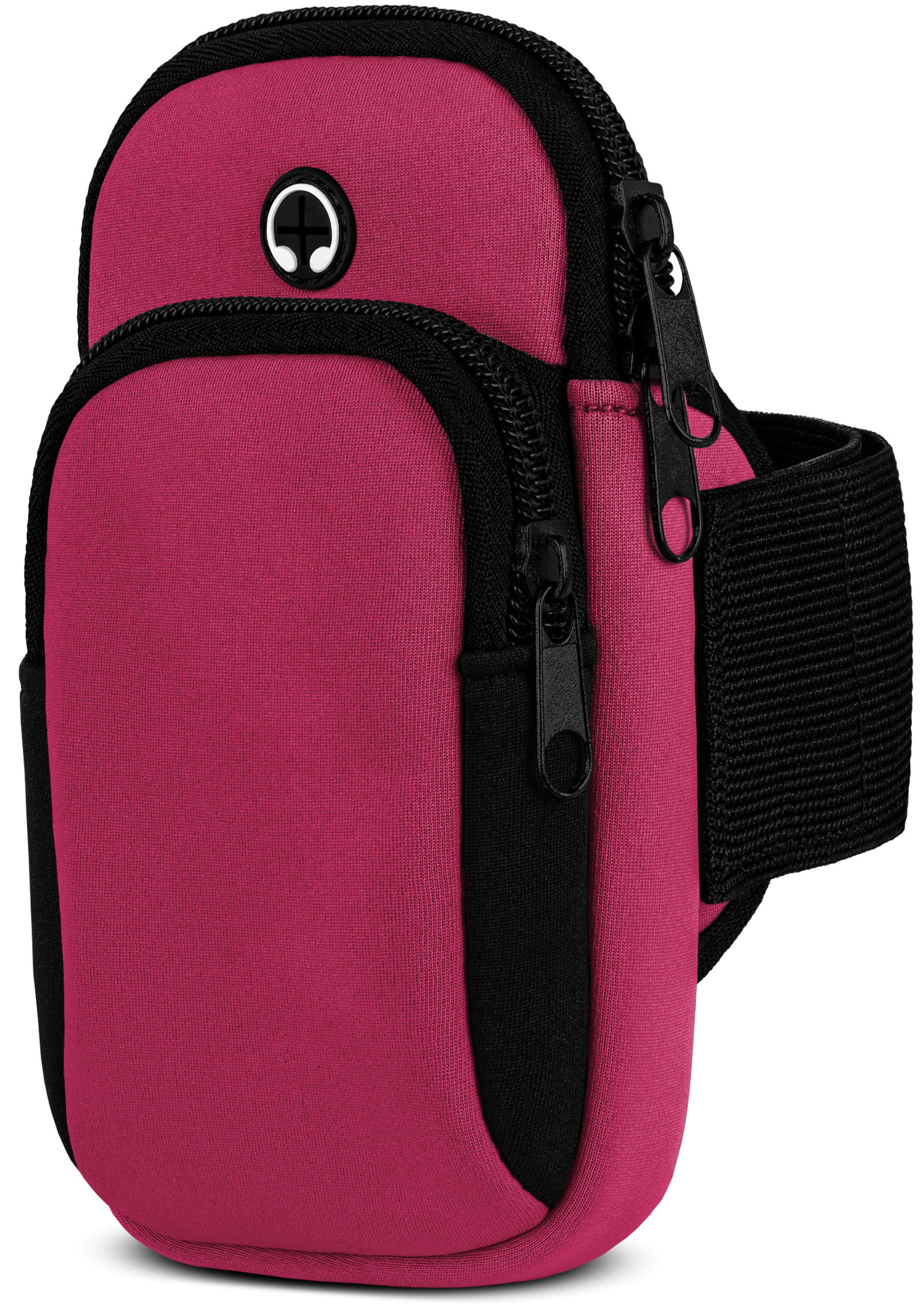 Eine pinkfarbene Armtasche mit schwarzen Details und Reißverschlüssen. Schwarzer, verstellbarer Riemen.