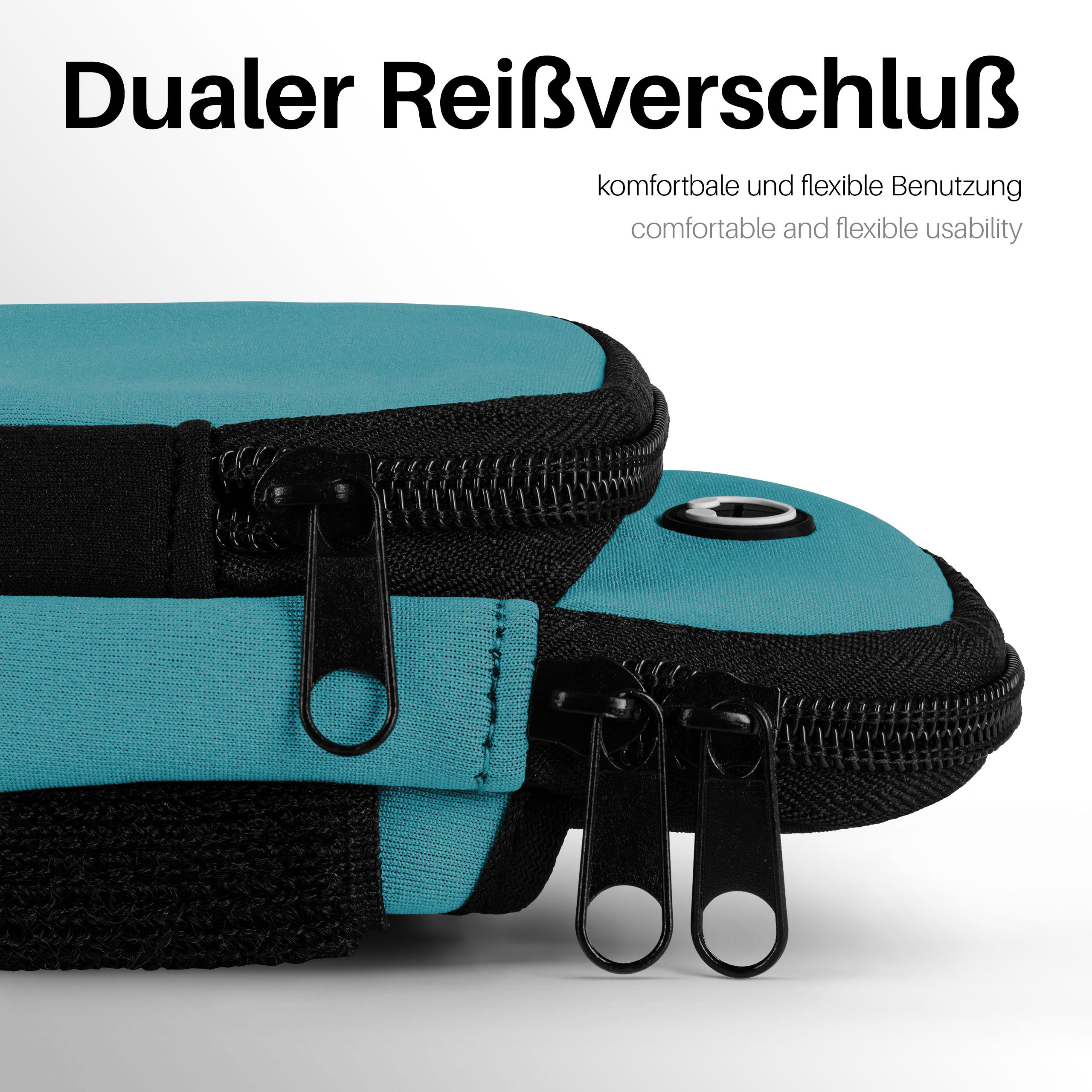 Türkisfarbene Tasche mit zwei schwarzen Reißverschlüssen. Der Hintergrund ist weiß.
