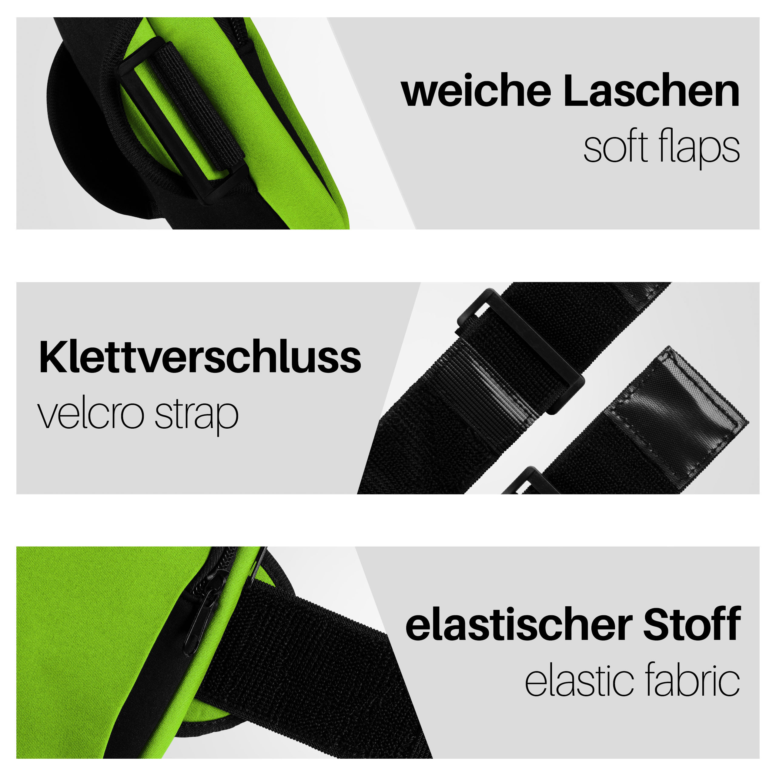 Nahaufnahme eines schwarzen Riemens, eines Klettverschlusses und eines grünen Stoffes.