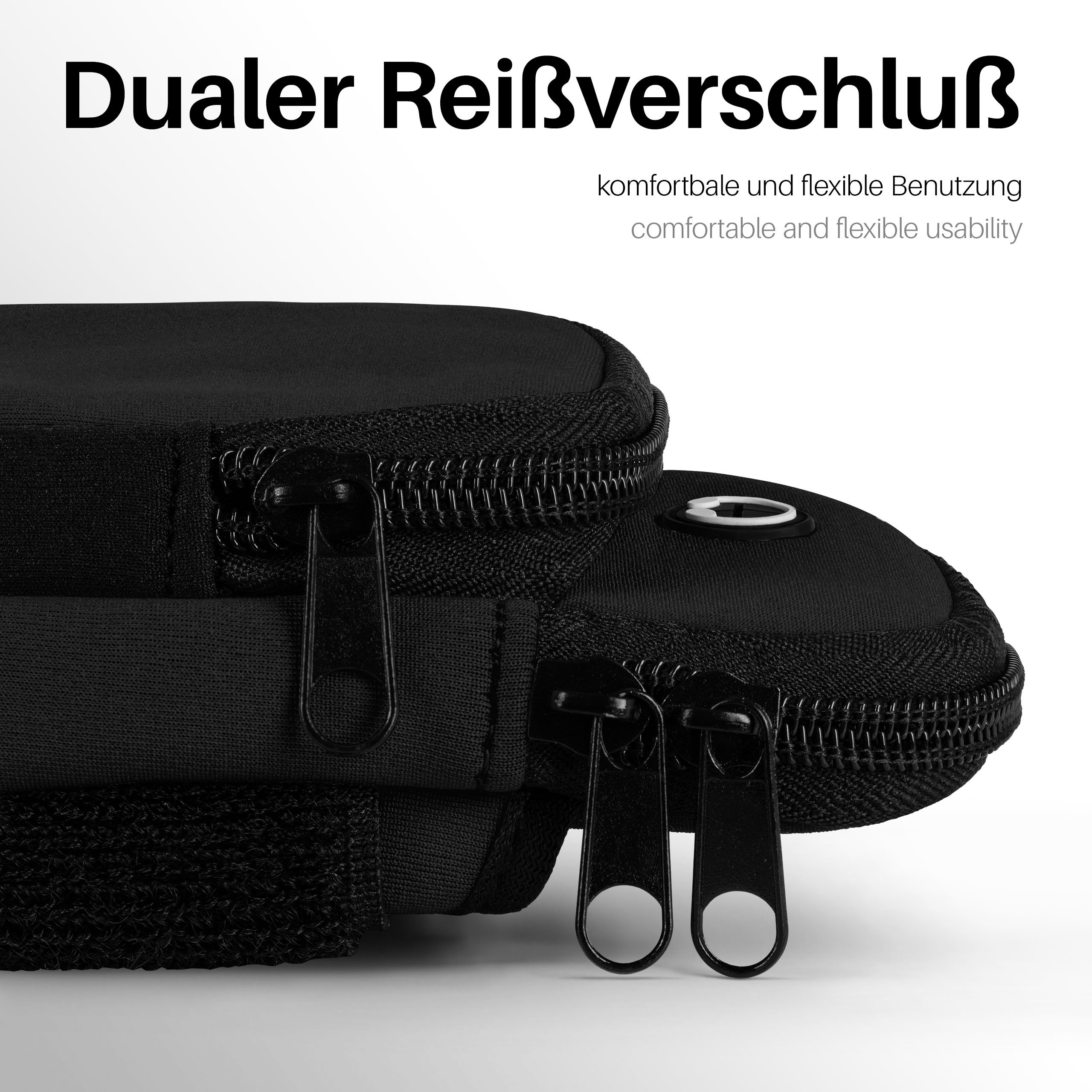 Schwarzes Armband mit zwei Reißverschlüssen. Schwarzer Hintergrund.