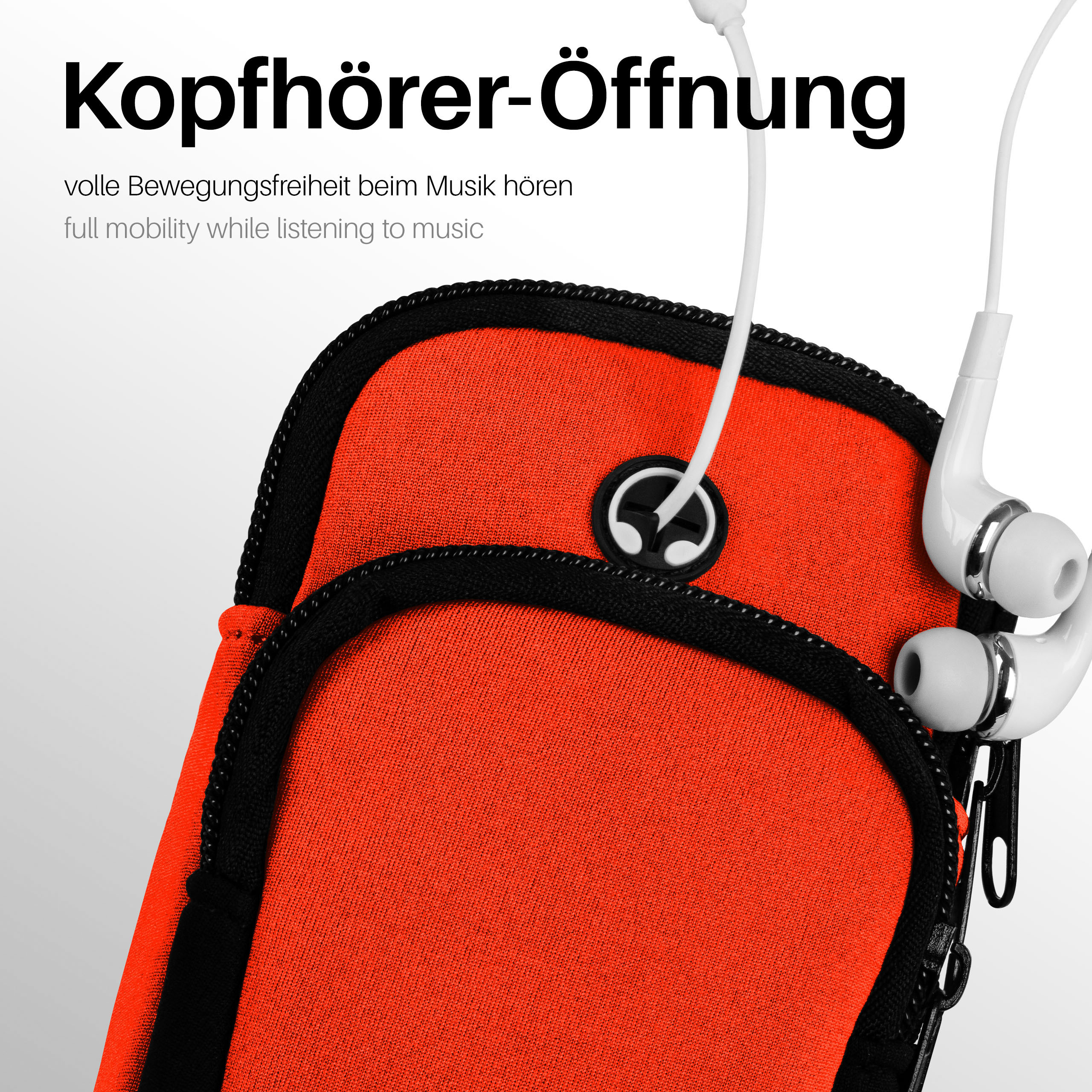 Orangenes Armband mit Kopfhöreranschluss und weißen Kopfhörern auf weißem Hintergrund.