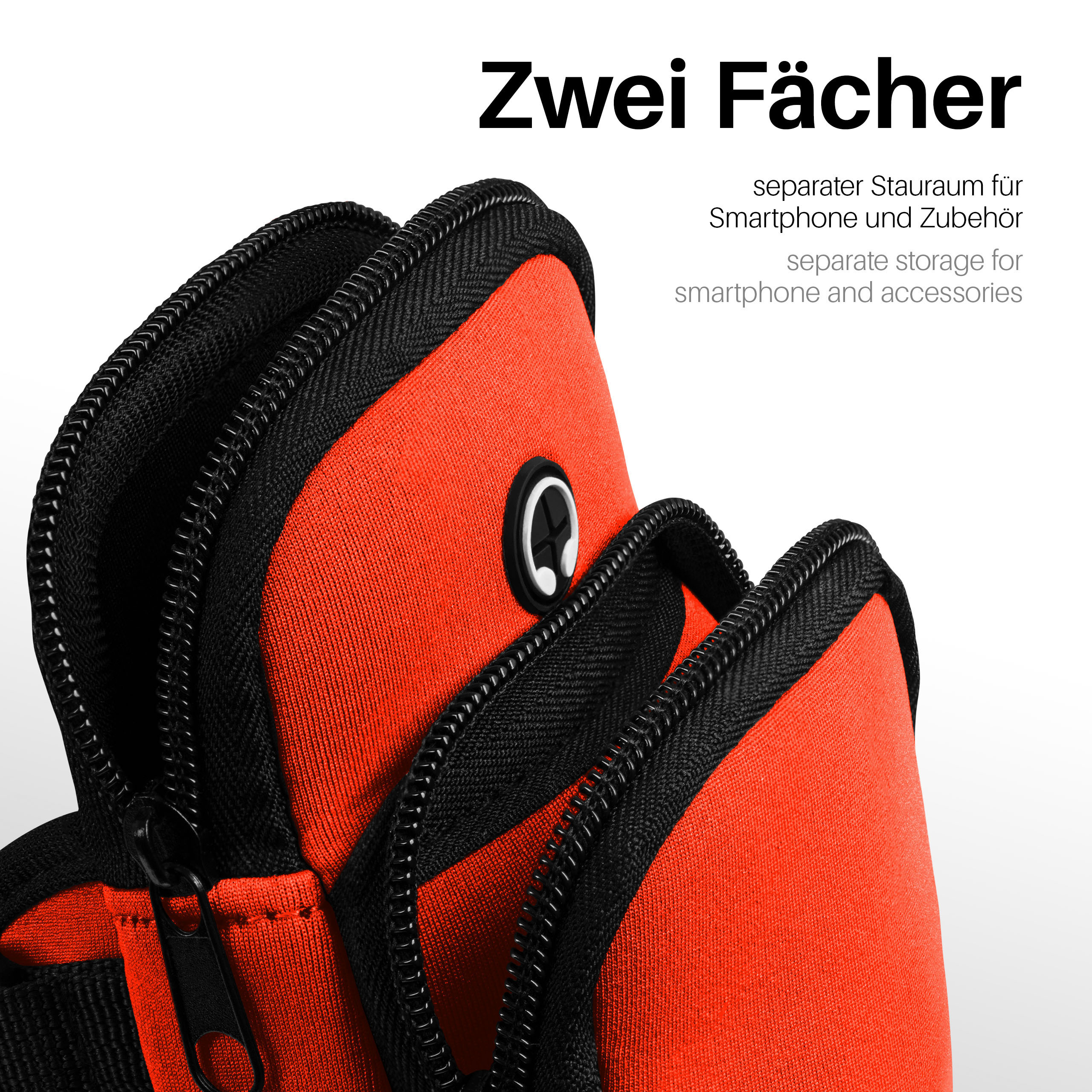Orange-schwarzes Armband mit Reißverschlüssen. Der Text lautet: Zwei Fächer.